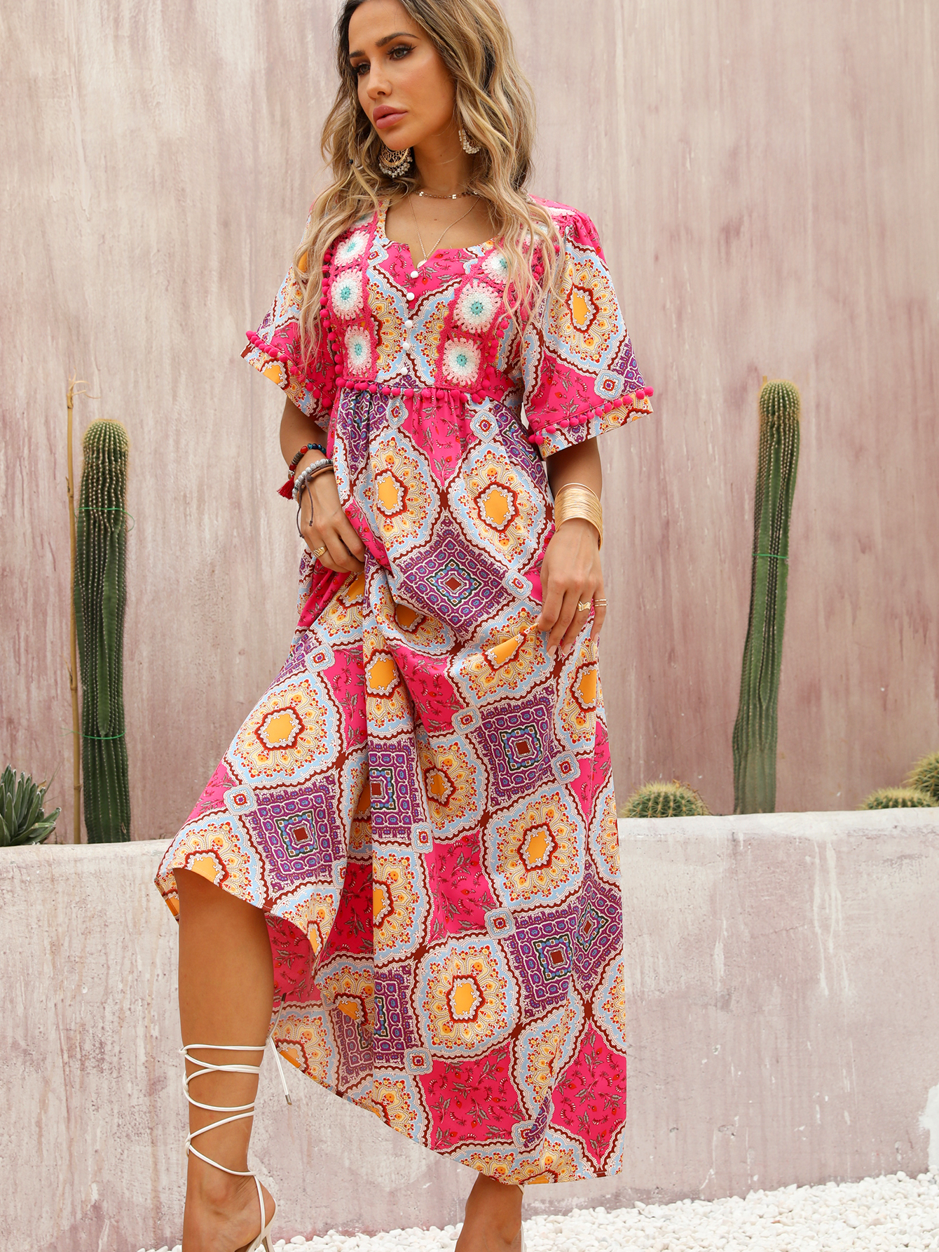 Women’s Boho Geometric Print V-Neck Midi Dress W-32832