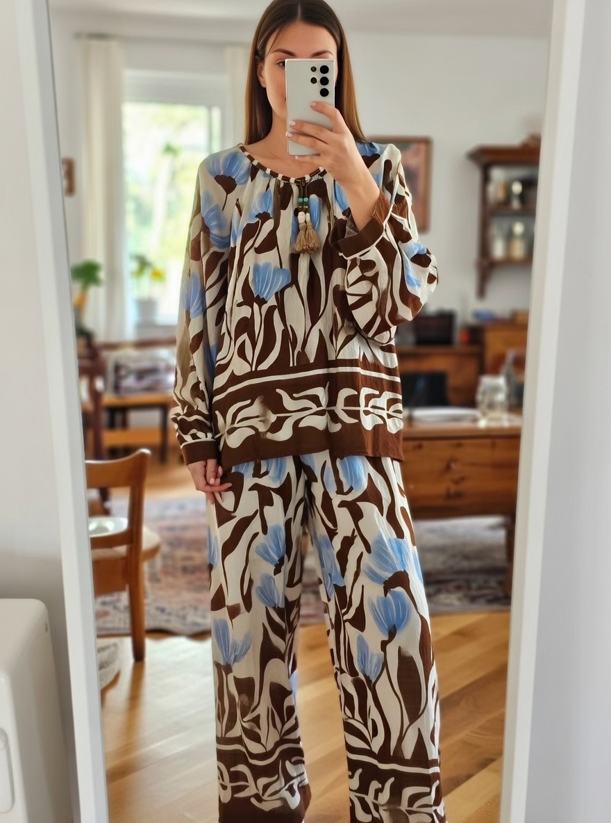 Women’s Boho Botanical Print Tassel Tie Blouse – Casual Resort Vacation Top C-42382