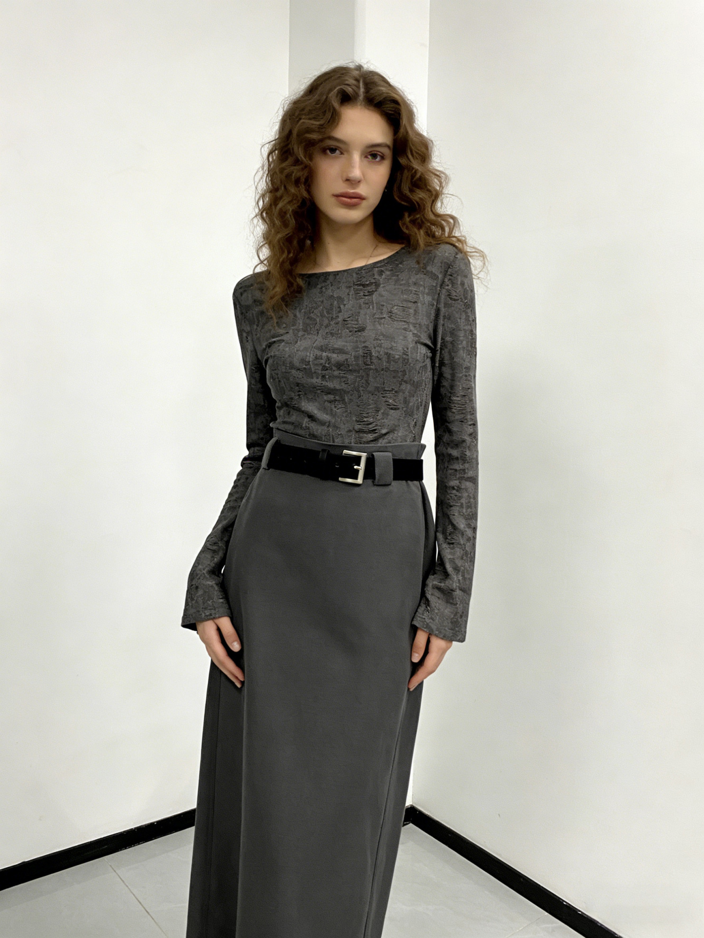 Chic Charcoal Belted Midi Skirt - High Waist Straight Cut Casual Skirt  27550