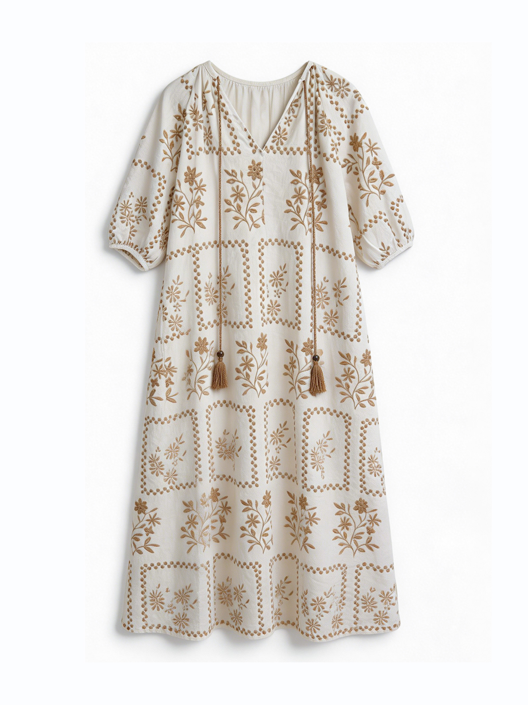 Minimalist Boho Floral Embroidered Maxi Dress with Tassel Neckline AN-750009