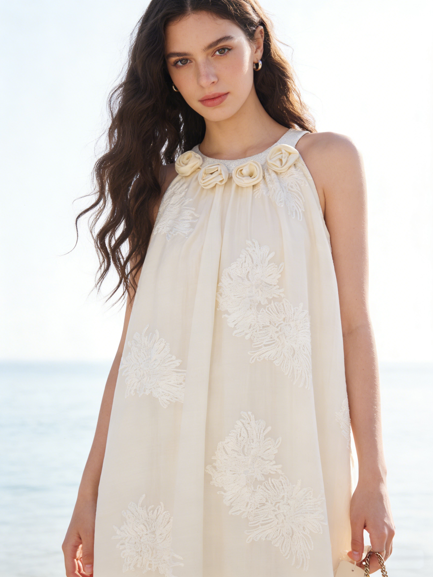 White Floral Embroidered Halter Neck Maxi Dress - Boho Vacation Dress W-40377