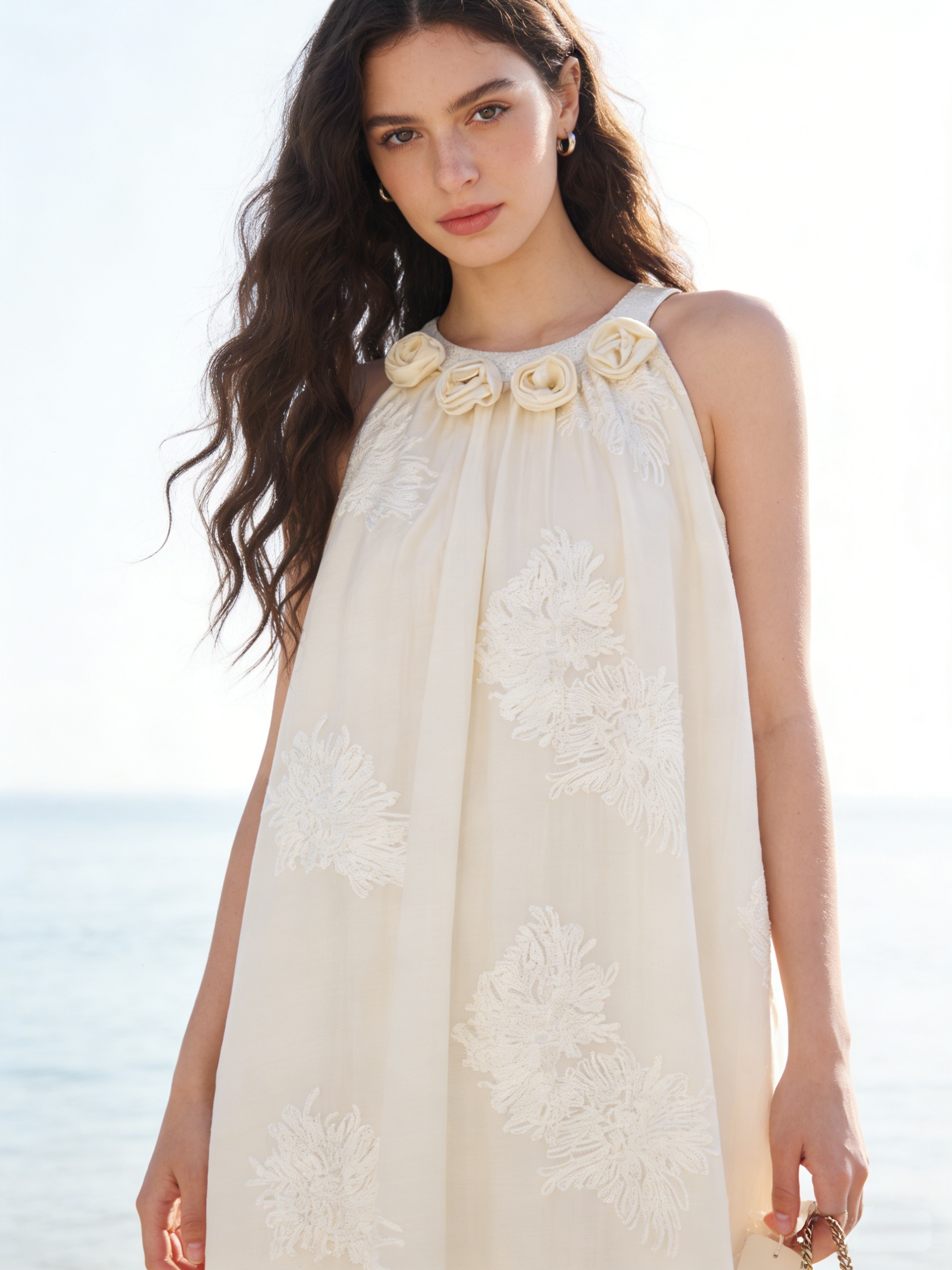 White Floral Embroidered Halter Neck Maxi Dress - Boho Vacation Dress W-40377