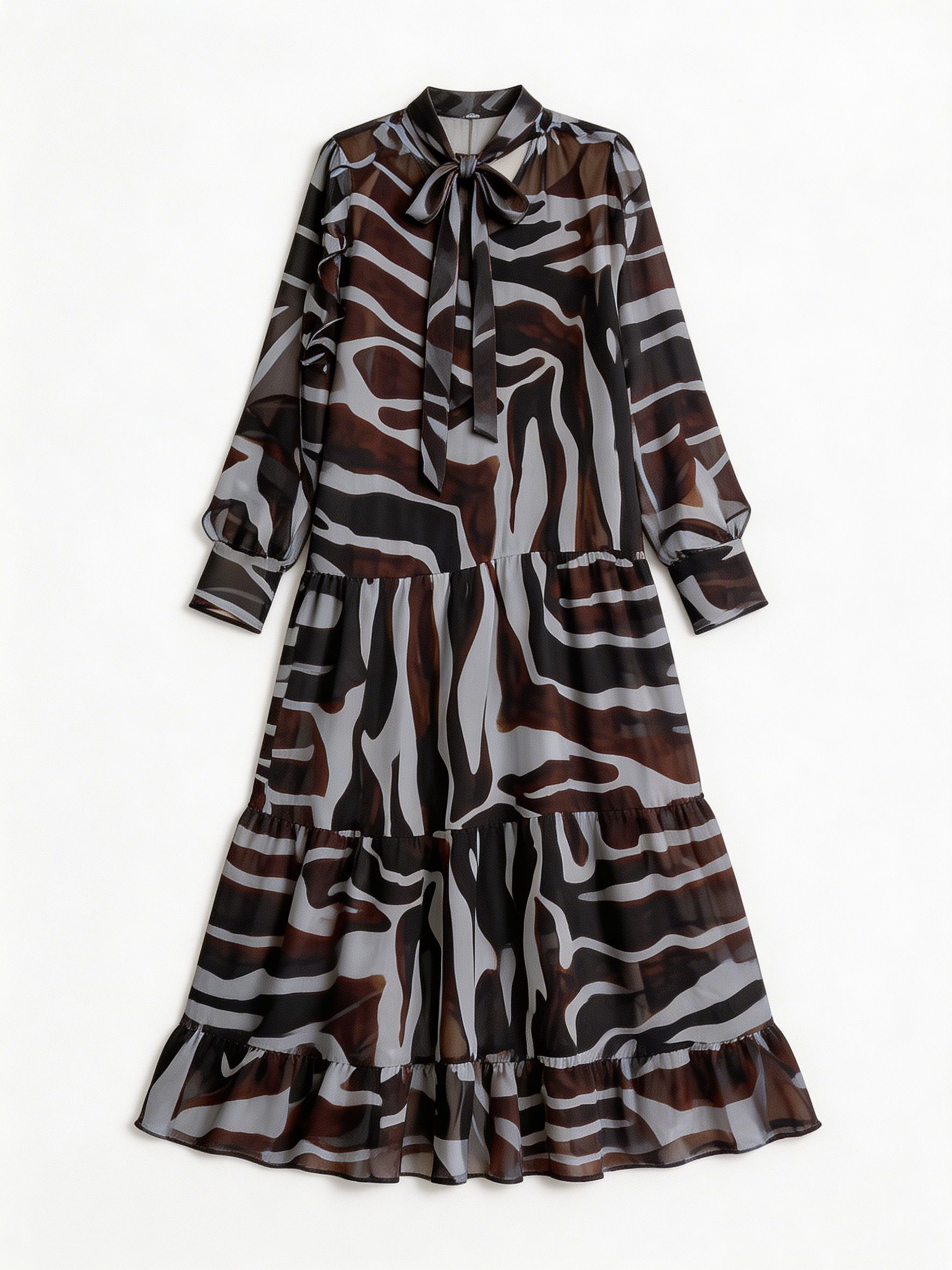 Women’s Animal Print Tie Neck Chiffon Long Sleeve Maxi Dress XW-251208