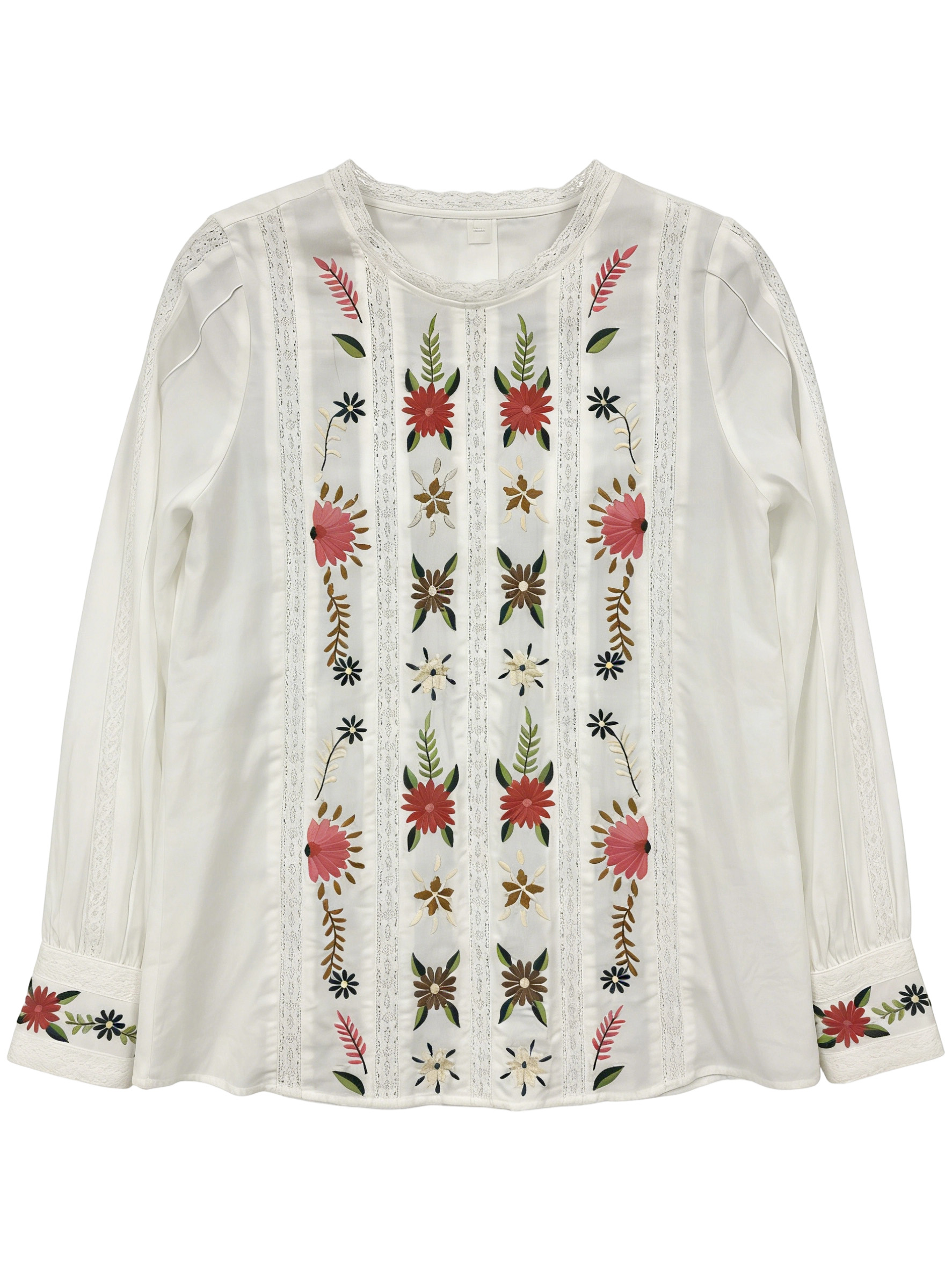 Women’s Boho Floral Embroidered Lace Panel Long Sleeve Blouse B-41966