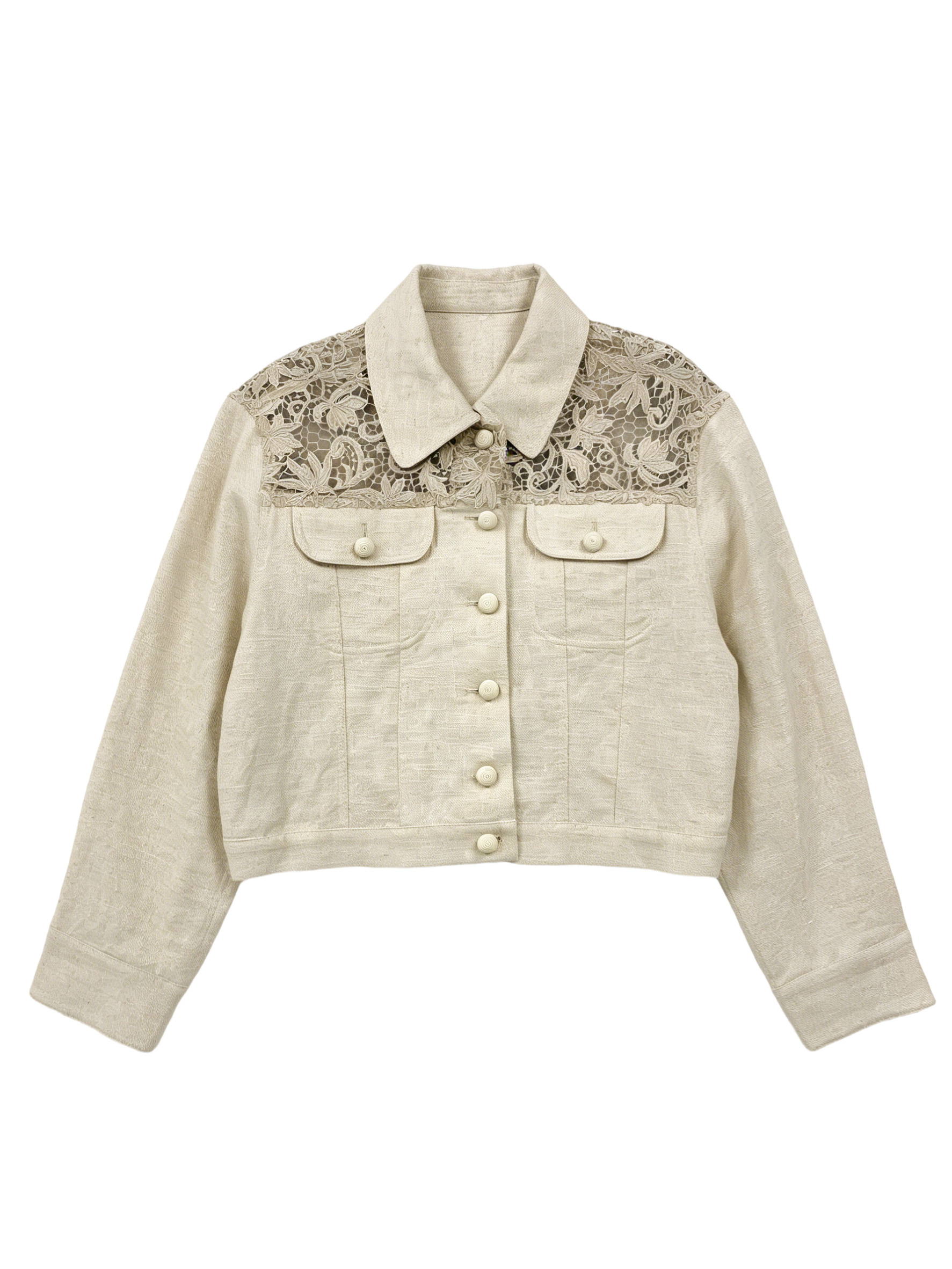 Women’s Lace Panel Linen Blend Cropped Trucker Jacket SZLA-320015