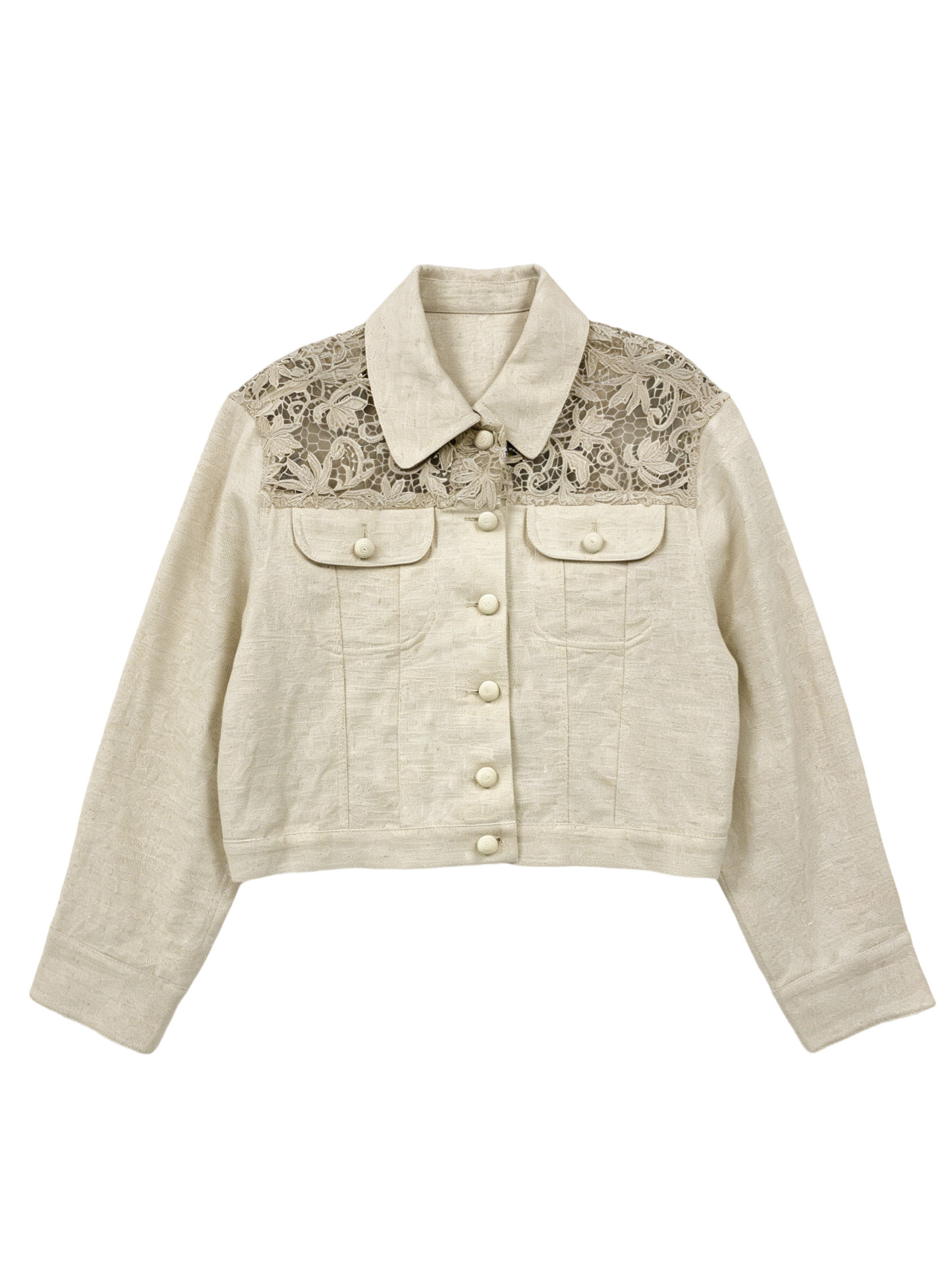 Women’s Lace Panel Linen Blend Cropped Trucker Jacket SZLA-320015