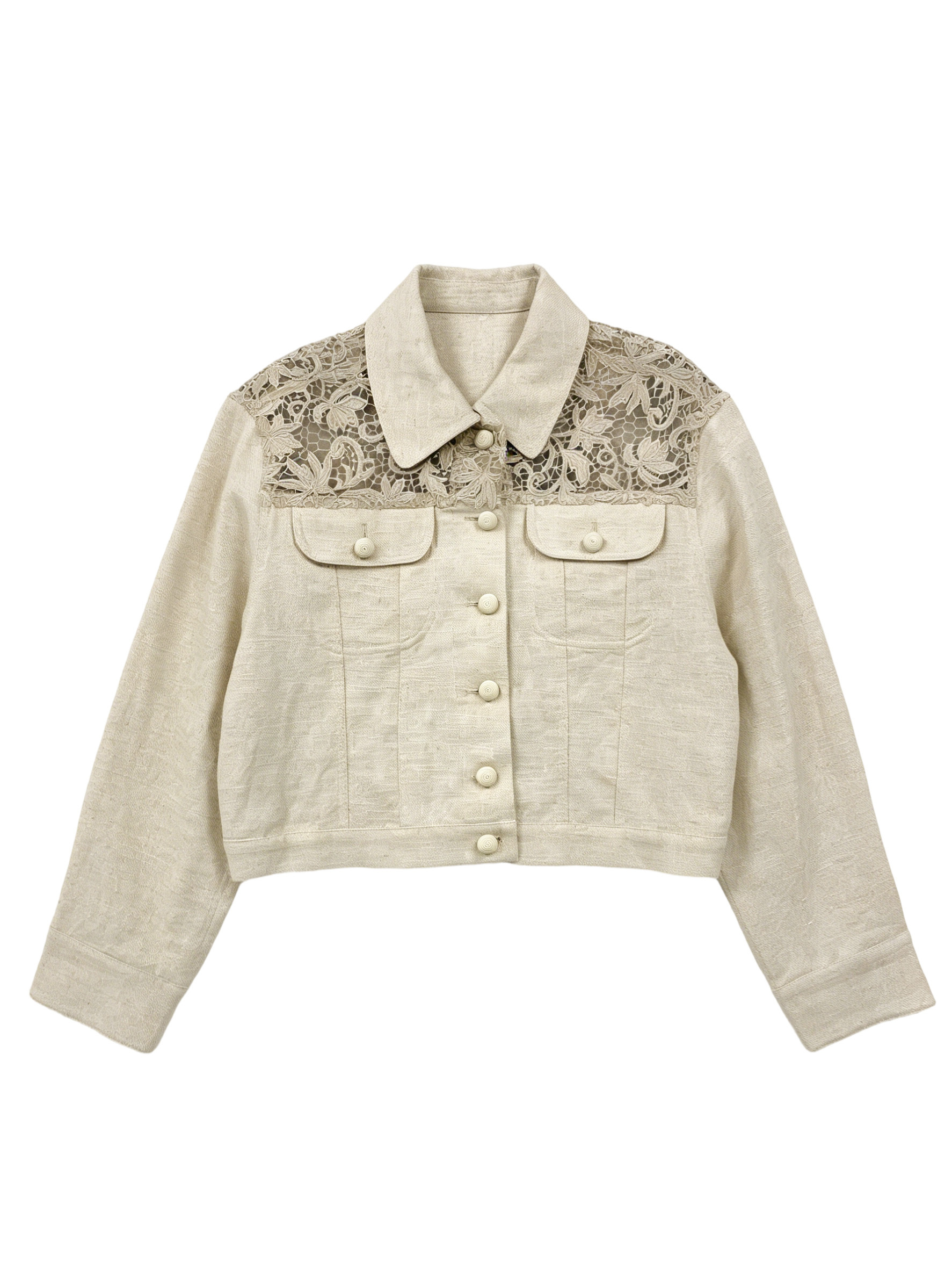 Women’s Lace Panel Linen Blend Cropped Trucker Jacket SZLA-320015