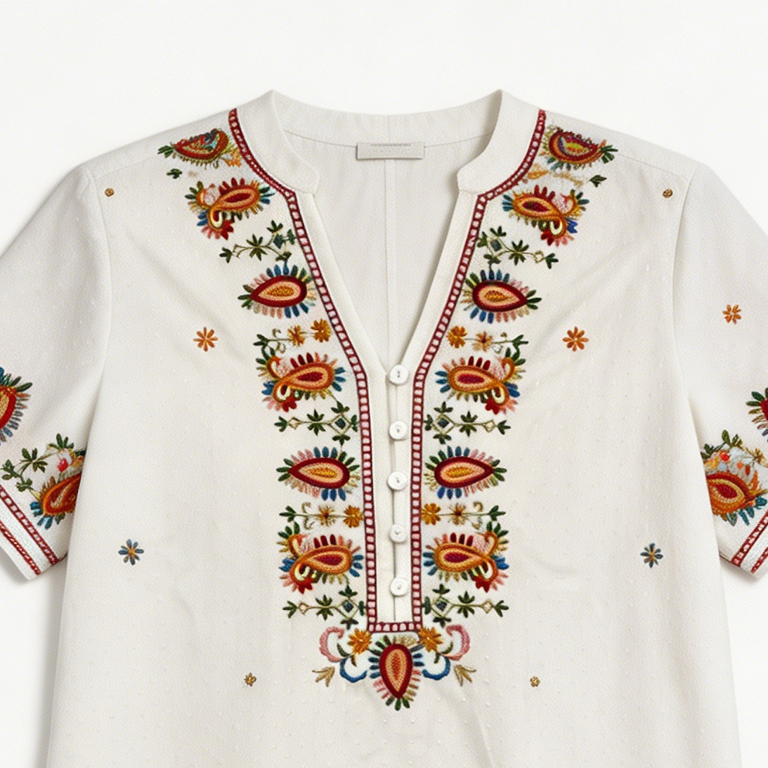 Women’s Boho Embroidered Blouse – Ethnic V Neck Loose Fit Summer Top D-42255
