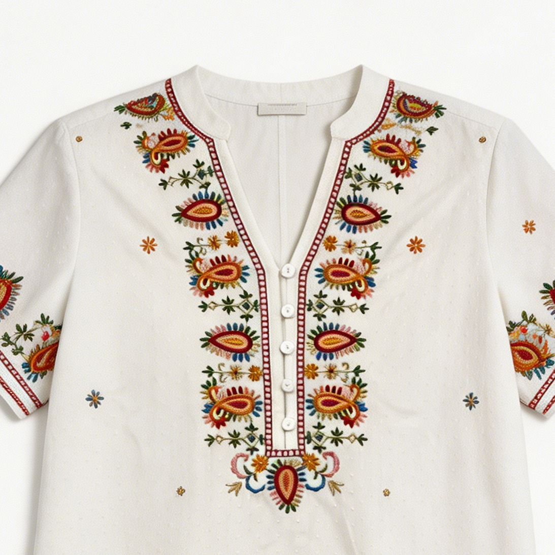 Women’s Boho Embroidered Blouse – Ethnic V Neck Loose Fit Summer Top D-42255