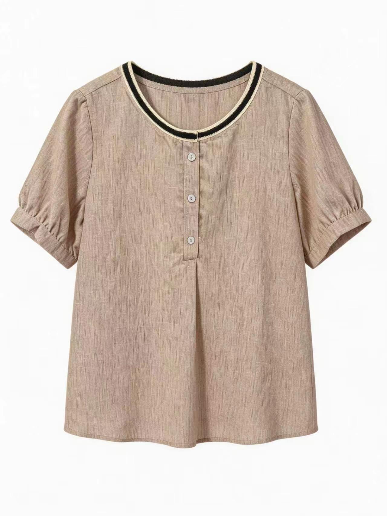 Elegant Linen-Blend Blouse with Contrast Ribbed Neckline AN-750016