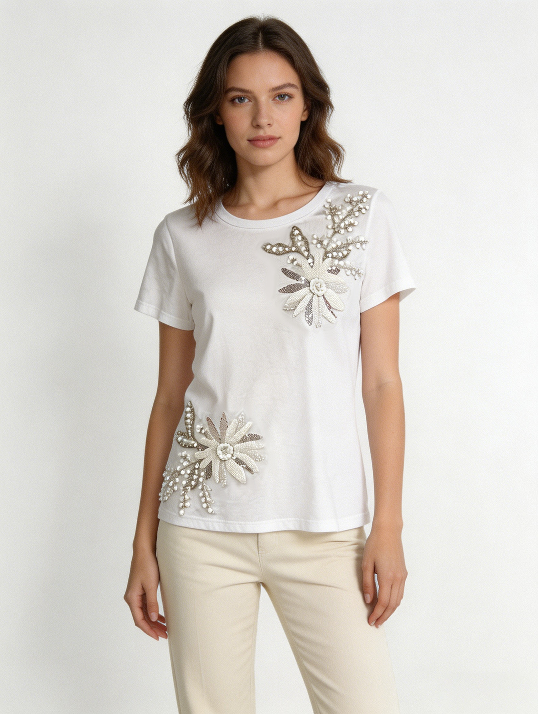 Women’s Embellished T Shirt – Floral Sequin Beaded Casual Summer Top M-42130-5