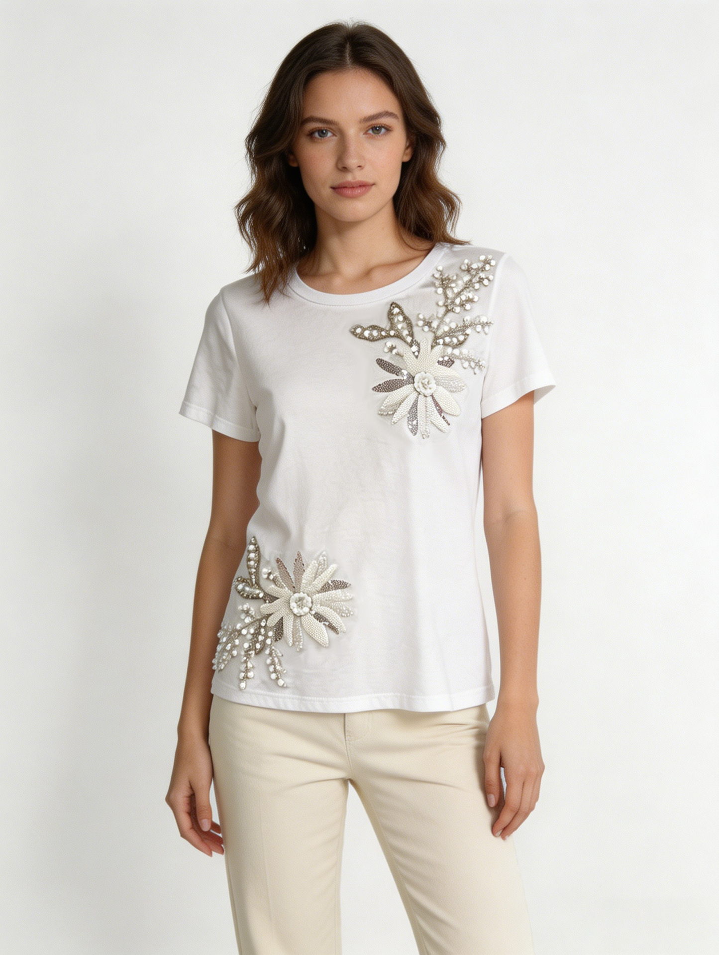 Women’s Embellished T Shirt – Floral Sequin Beaded Casual Summer Top M-42130-5