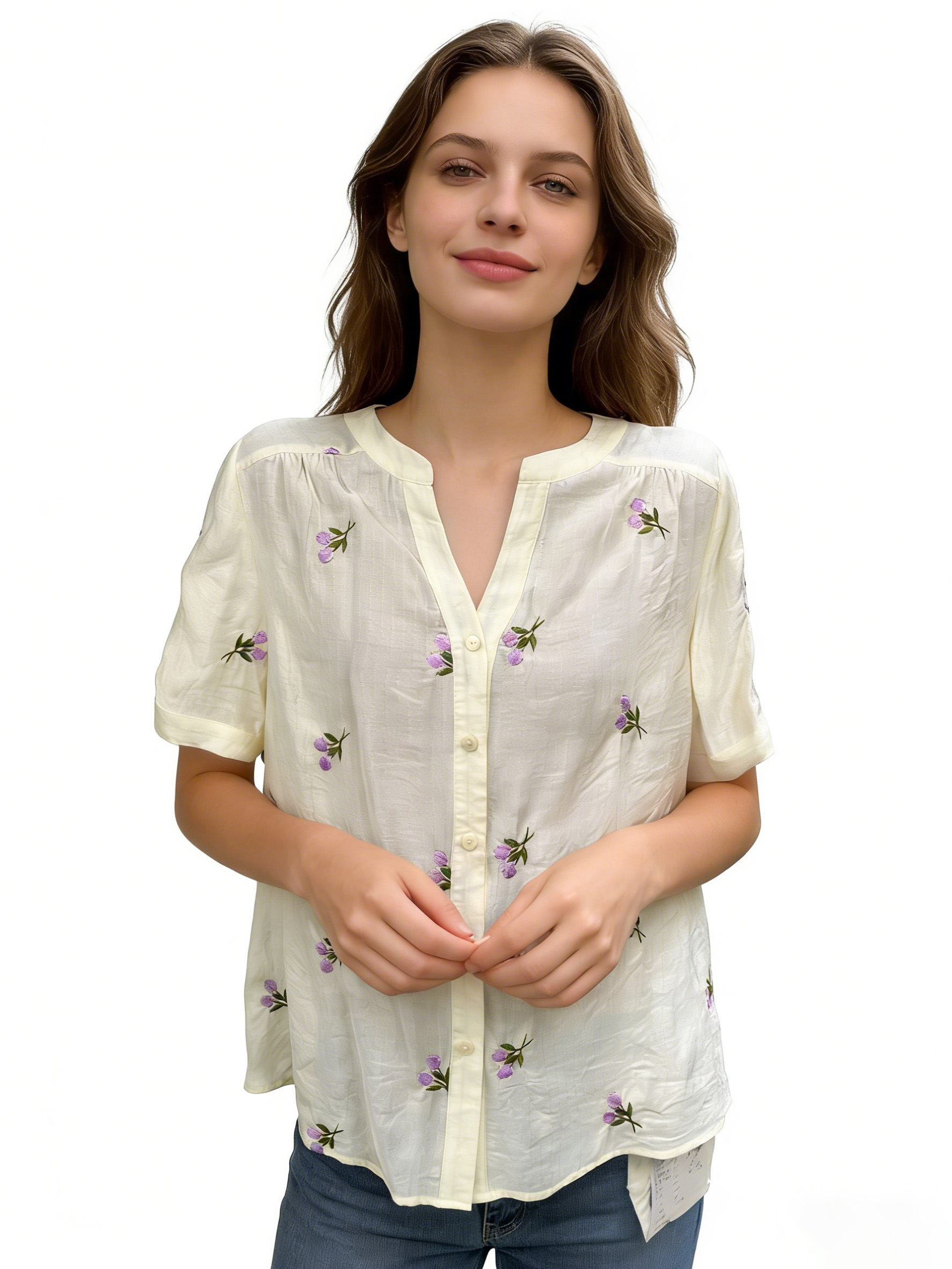 Women’s Floral Embroidered Short Sleeve Summer Blouse C-42306