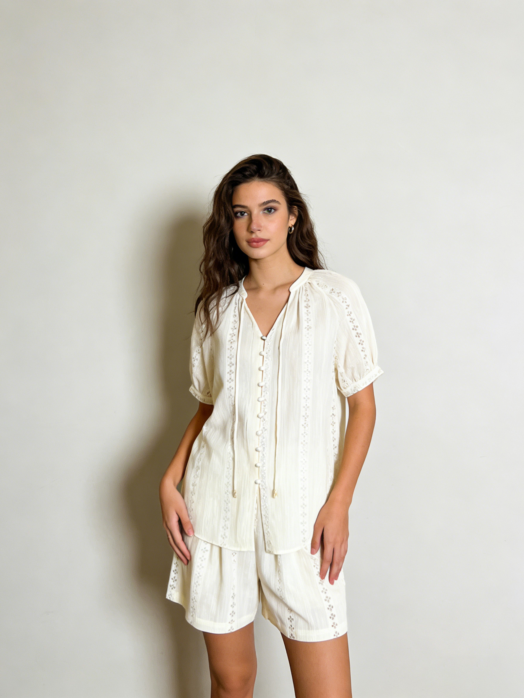 Women’s Boho Cotton Gauze Two Piece Short Sleeve Top & Shorts Set A-41627+A-41628