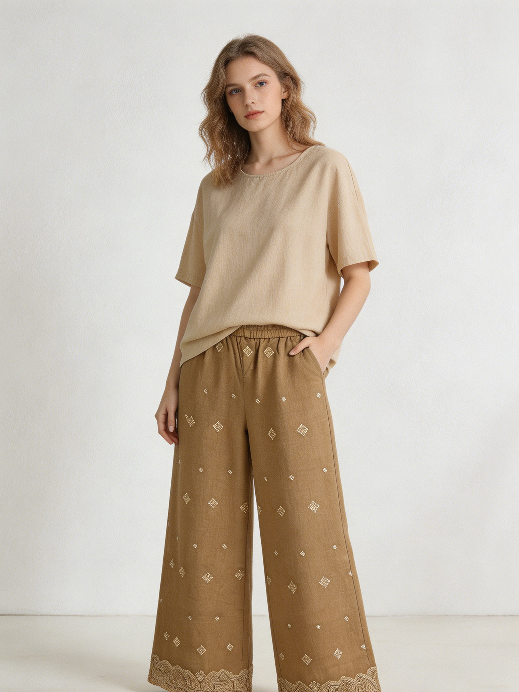 Boho Khaki Geometric Embroidered Pants - High Waist Relaxed Fit Trousers  AN-710002