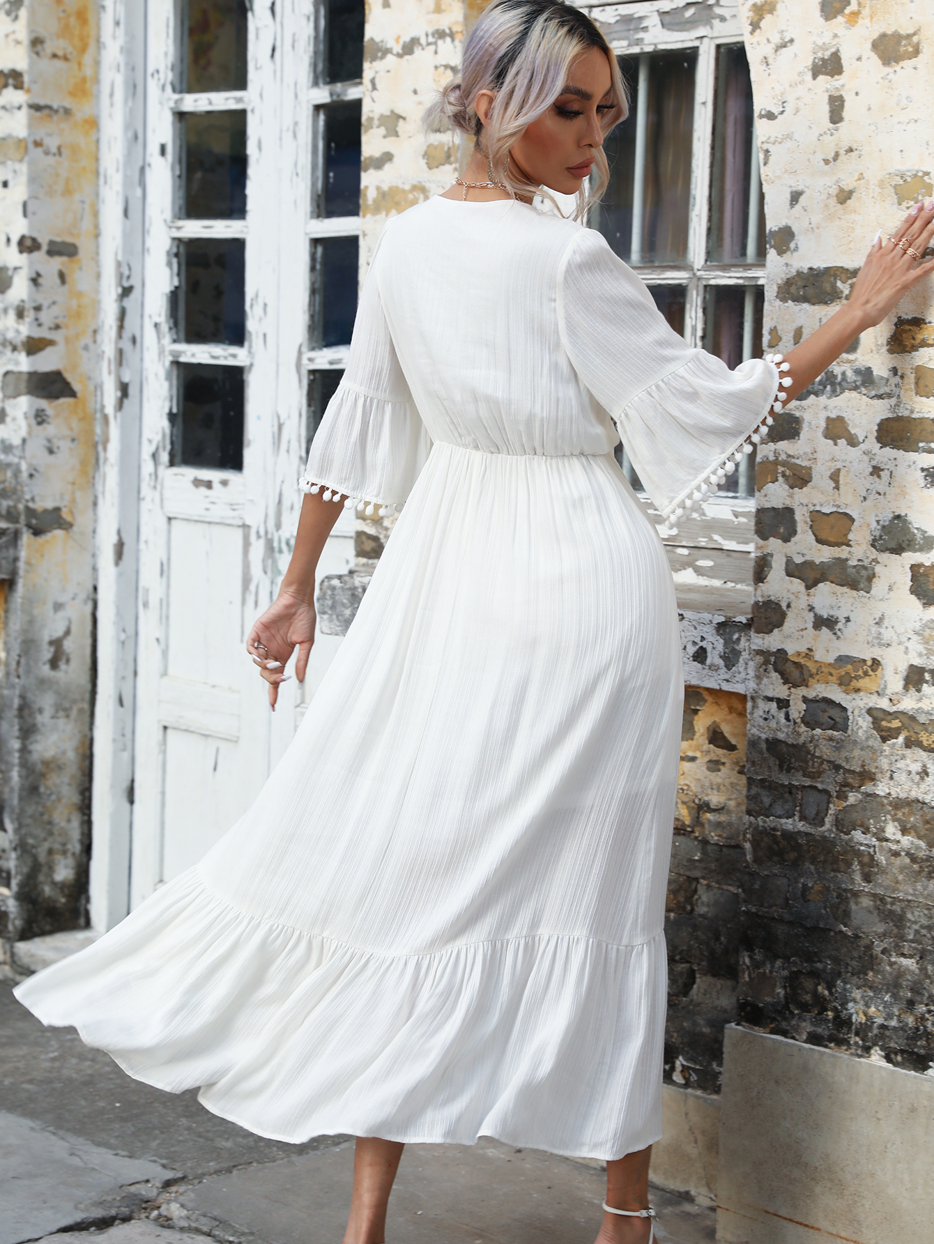 Bohemian White Embroidered Resort Midi Dress D-34438