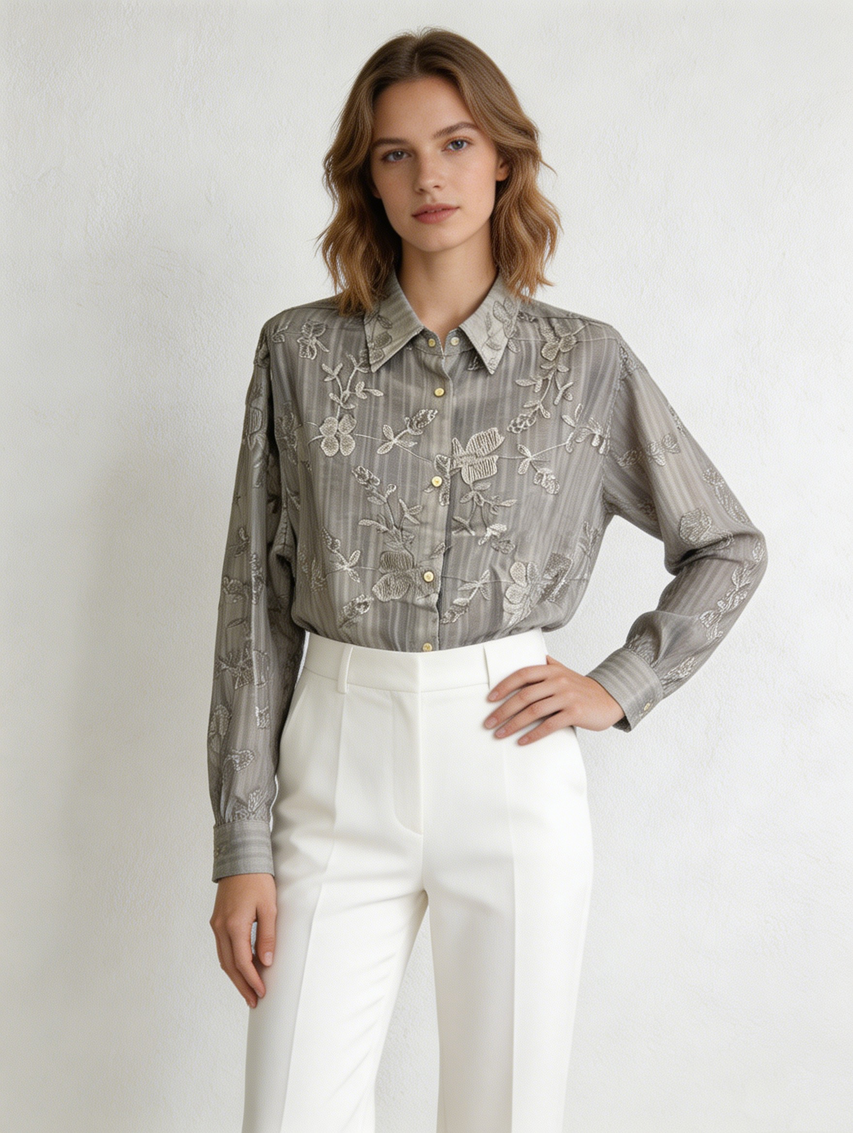 Minimalist Green Floral Embroidered Shirt - Casual Luxury Blouse  S-2537