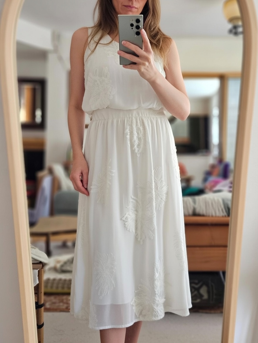 English: Summer Fairycore Style A-Line Mesh Skirt - White Feather Embroidered Tulle Skirt C-42444