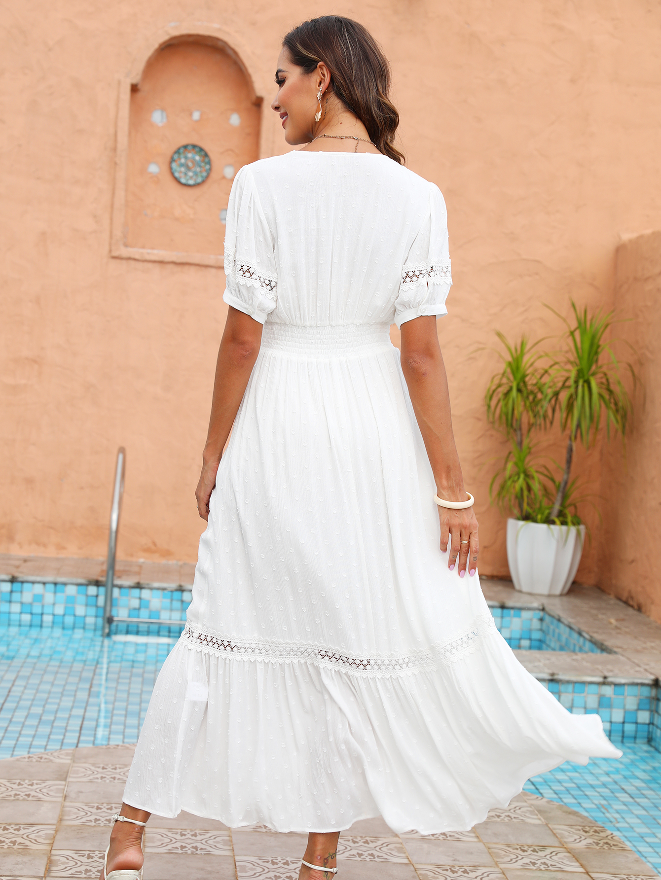 Women’s Elegant White Lace Detail Resort Maxi Dress D-35437