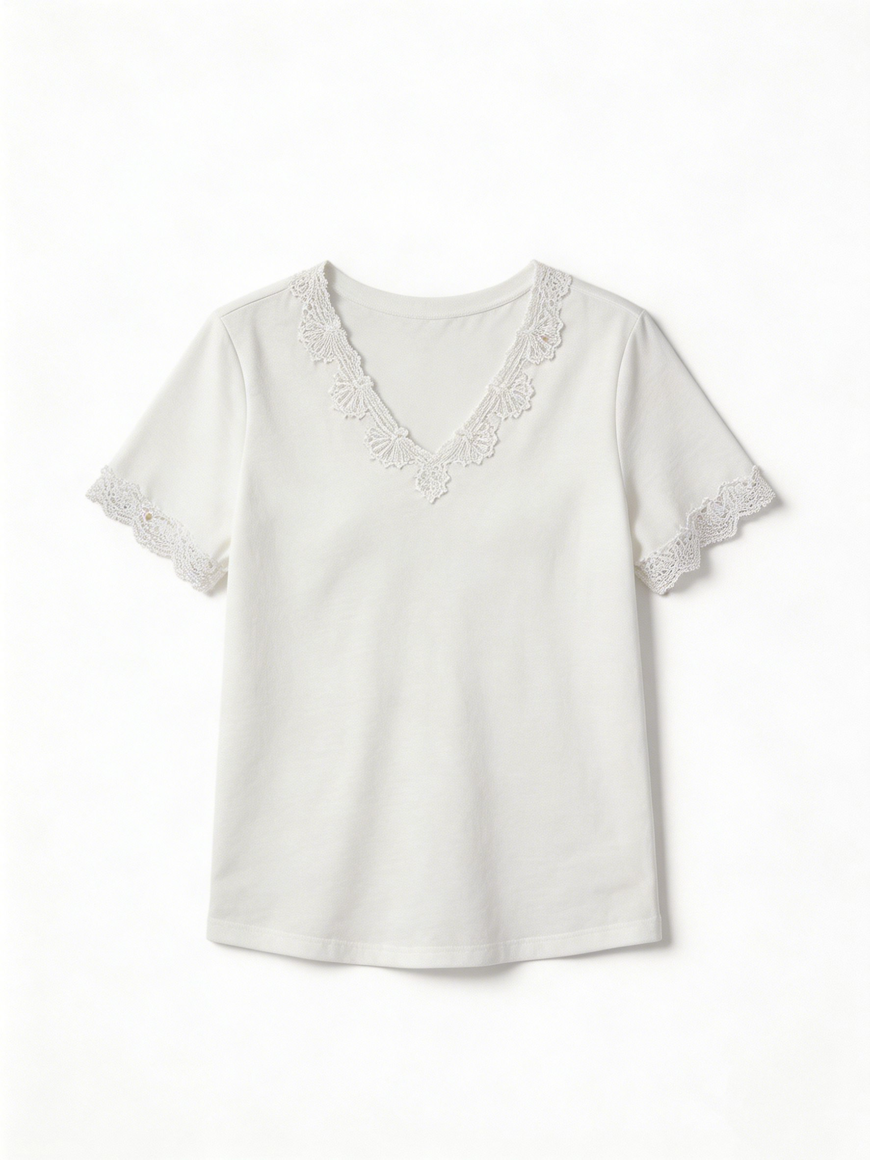 Women’s Lace Trim V-Neck Short Sleeve Tee M-42858