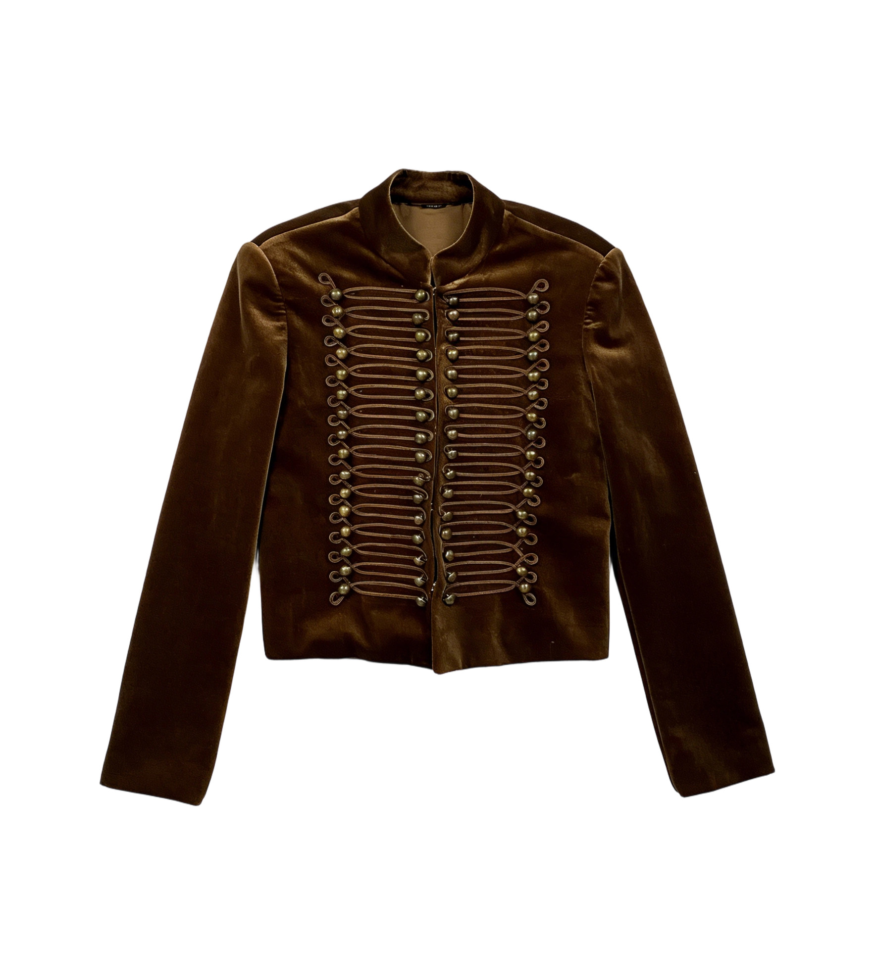 Chic Brown Velvet Parade Jacket - Double Row Button & Rope Trim Short Blazer W-39347