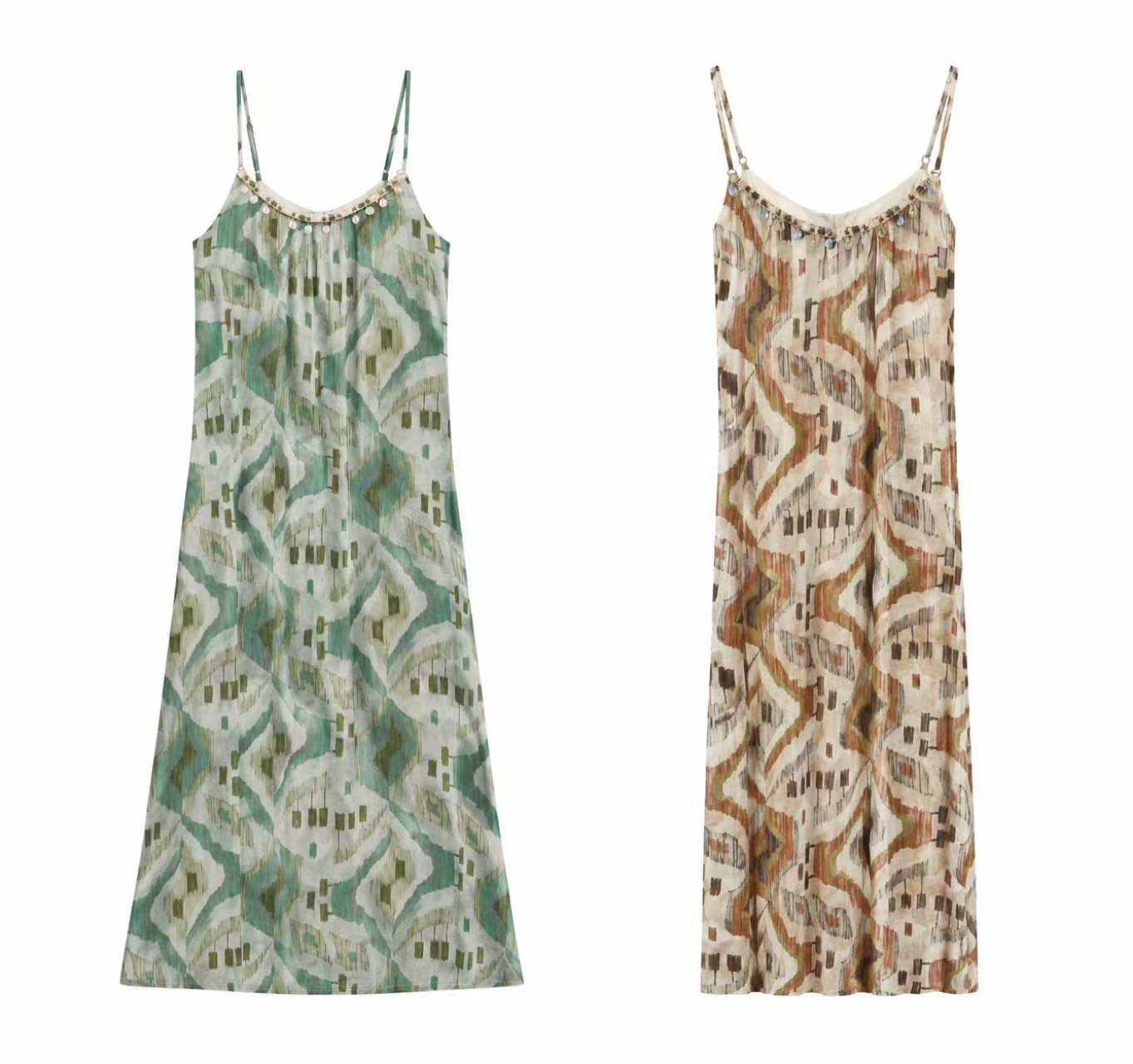 Boho Beaded Neckline Maxi Dress Women Geometric Print Summer Resort Wear AN-121009