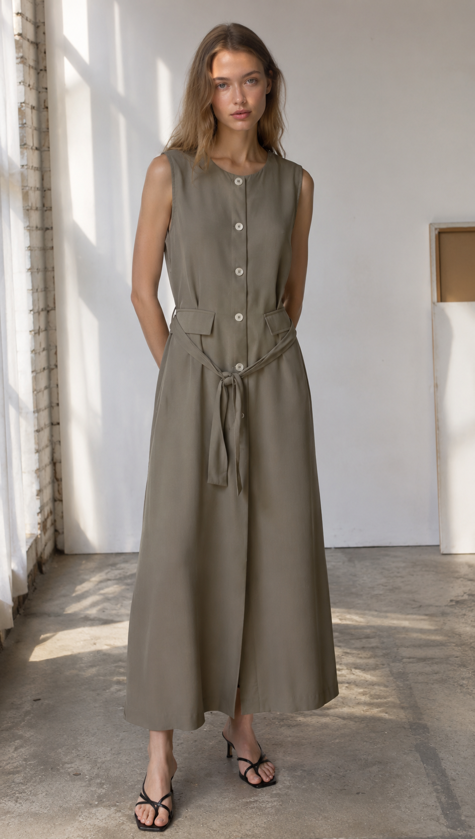 Quiet Luxury Linen Look Sleeveless Button Down Midi Dress with Belt AN-121011