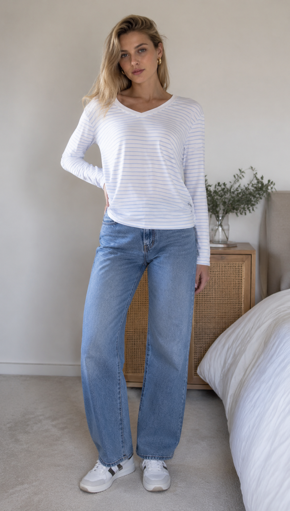 Women's Stripe V-Neck Long Sleeve T-Shirt - Soft Knit Top  AN-710004