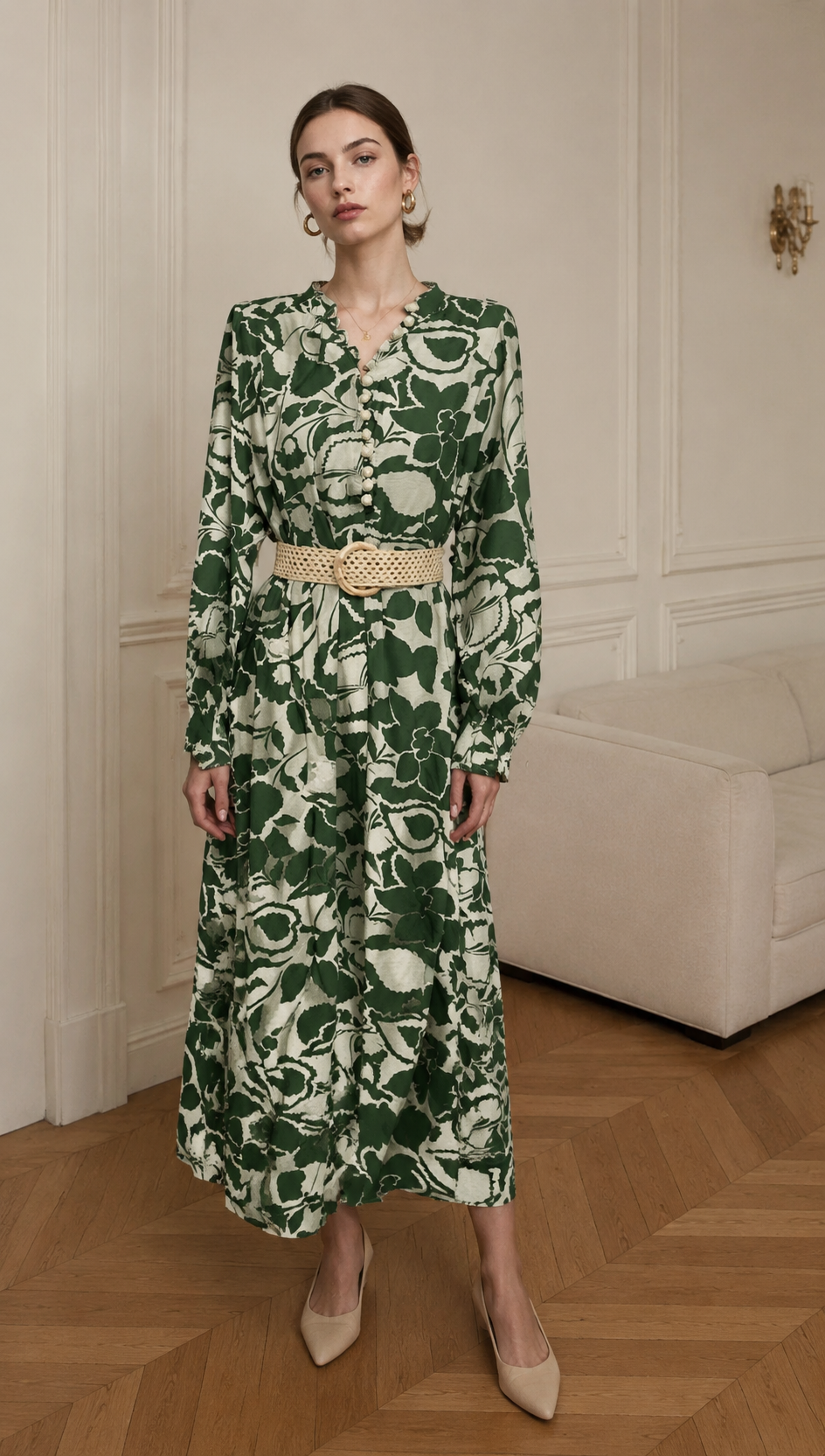 Elegant  Floral Print Midi Dress - Puff Sleeve Belted Dress AN-710026