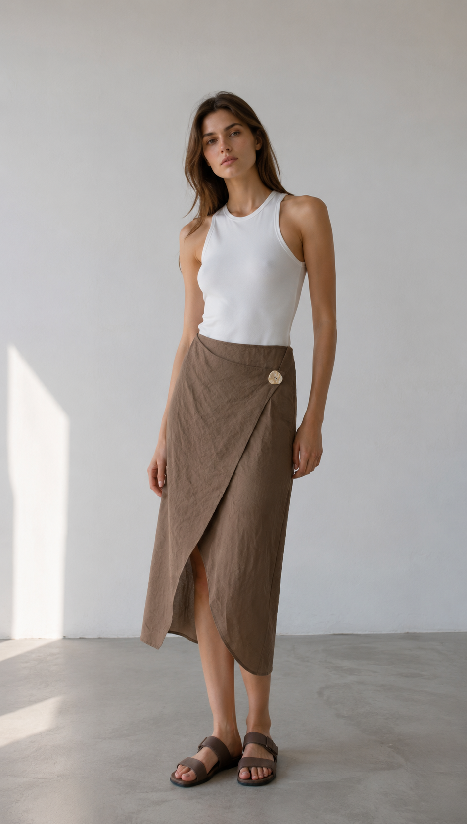 English: Minimalist Linen-Blend Wrap Midi Skirt with Asymmetrical Button AN-620037
