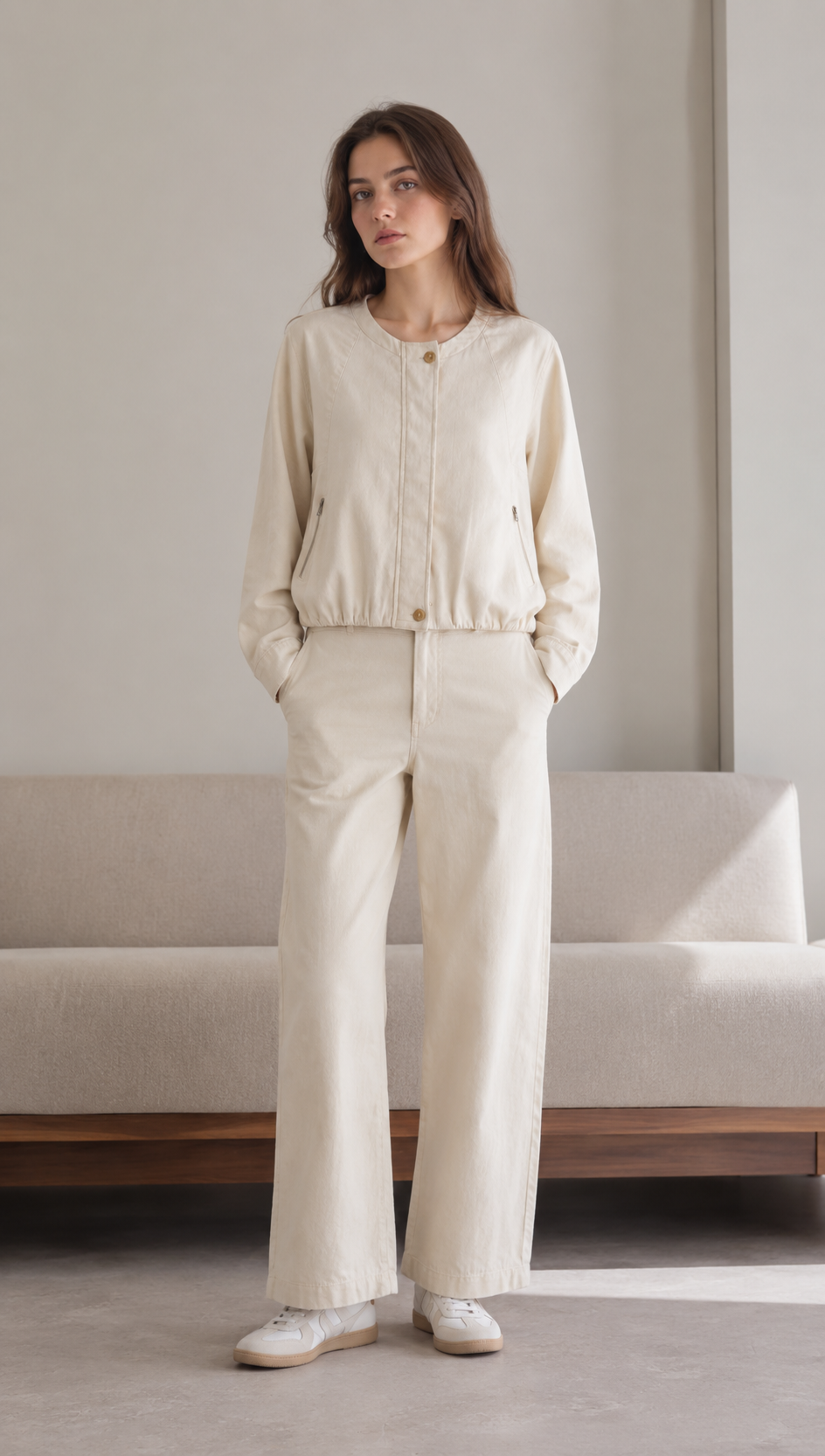 Minimalist Linen Cropped Bomber Jacket with Elastic Hem LA-710004