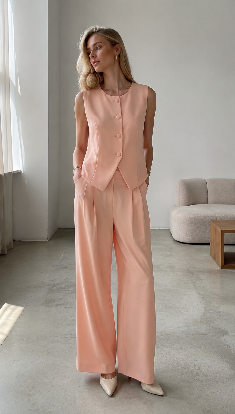 Elegant Light Vest & High-Waisted Wide-Leg Pants Set LA-710009