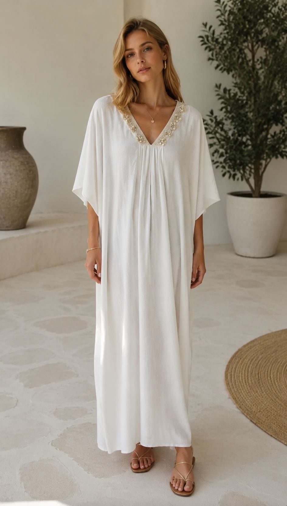 Linen-Blend Kaftan Dress with Shell & Lace Neckline LA-810005