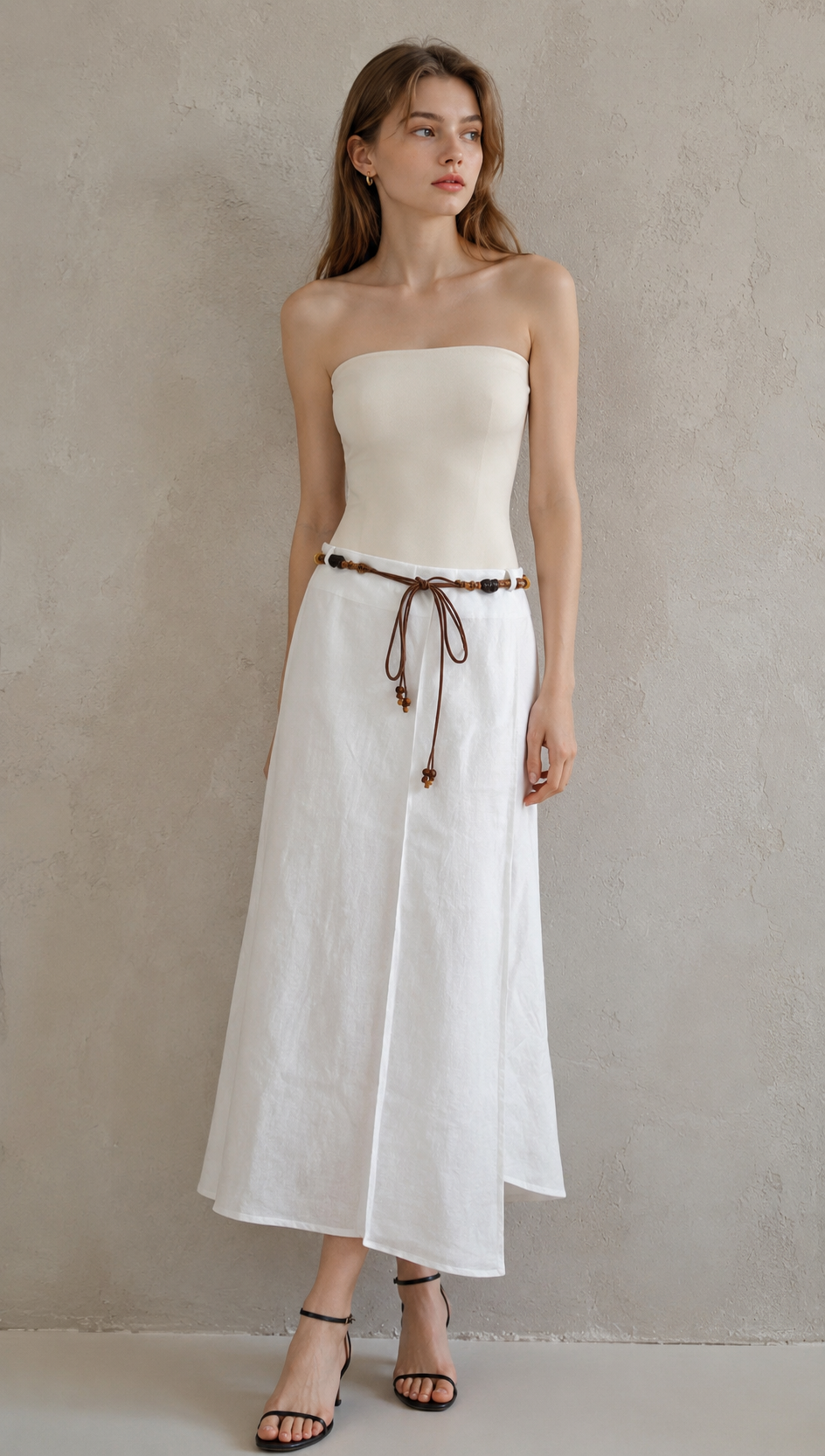 Linen-Blend A-Line Skirt with Beaded Belt AN-620050