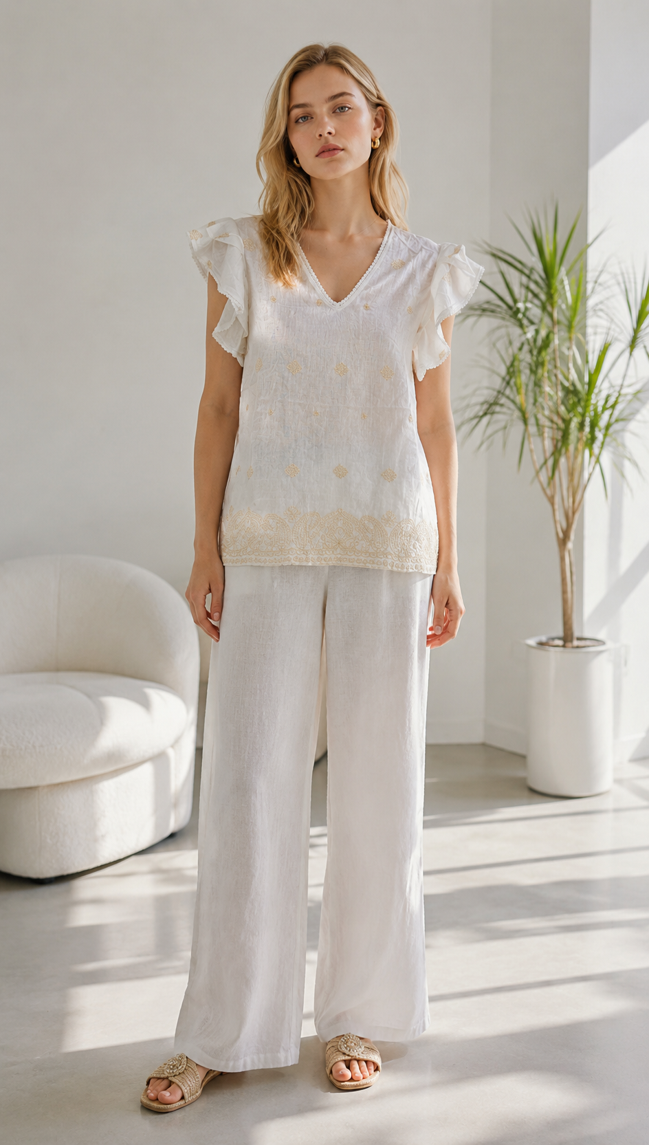 Linen-Blend Embroidered Blouse with Ruffled Sleeves AN-710001