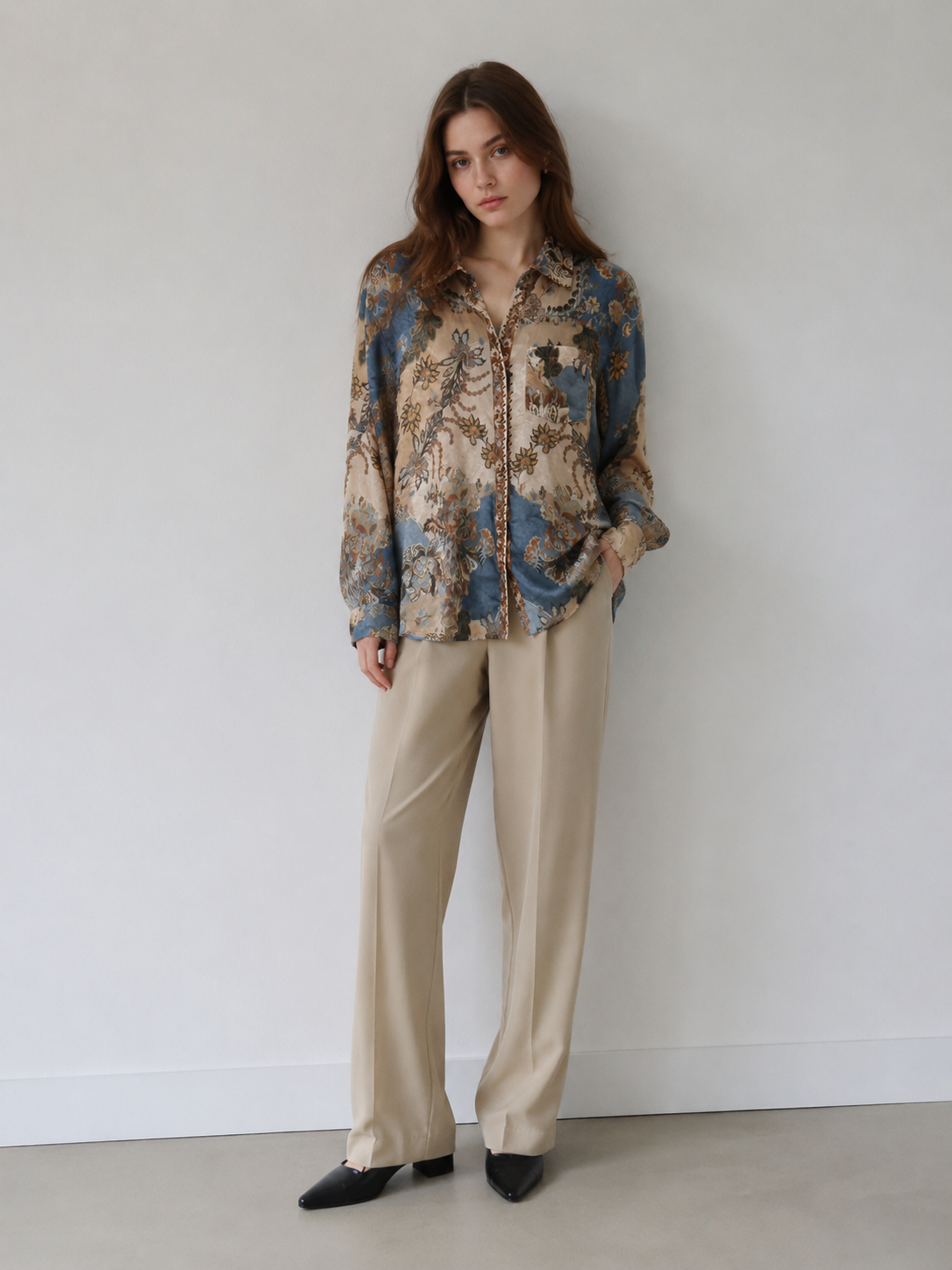 Women’s Boho Floral Chiffon Long Sleeve Button Down Blouse M-41907