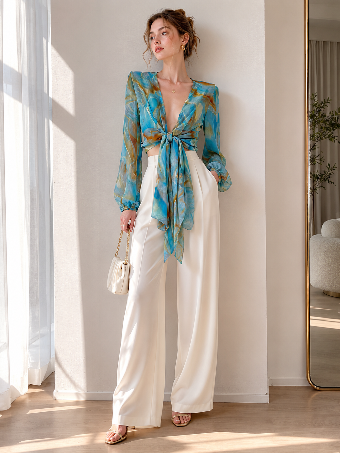 Minimalist Sheer Tie-Dye Long-Sleeve Wrap Blouse LA-710010