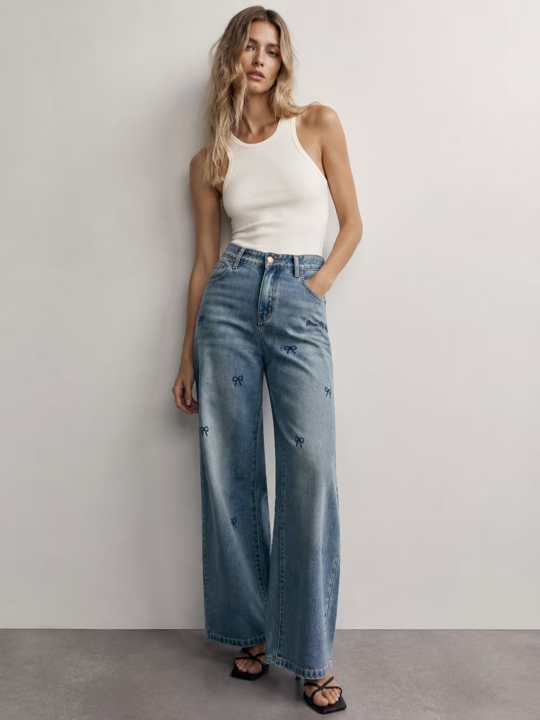 Women's High Waist Bow Detail Wide Leg Denim Pants ZY6037