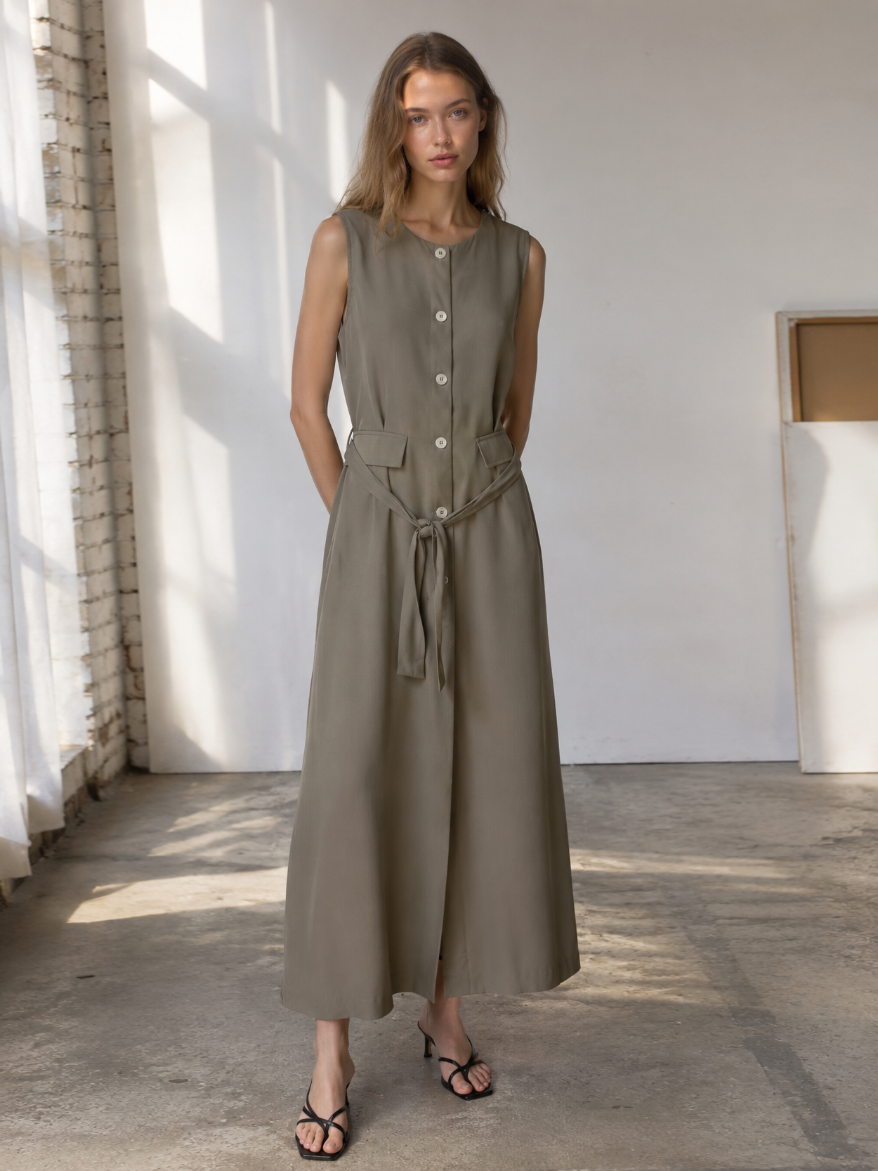 Quiet Luxury Linen Look Sleeveless Button Down Midi Dress with Belt AN-121011
