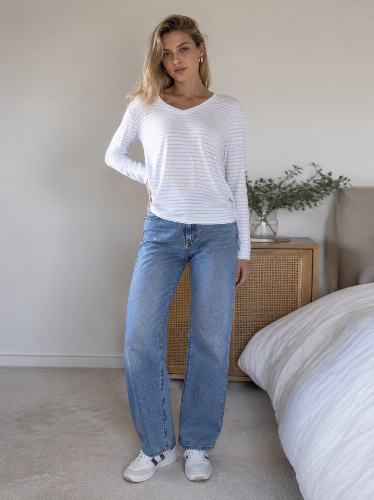 Women's Stripe V-Neck Long Sleeve T-Shirt - Soft Knit Top  AN-710004