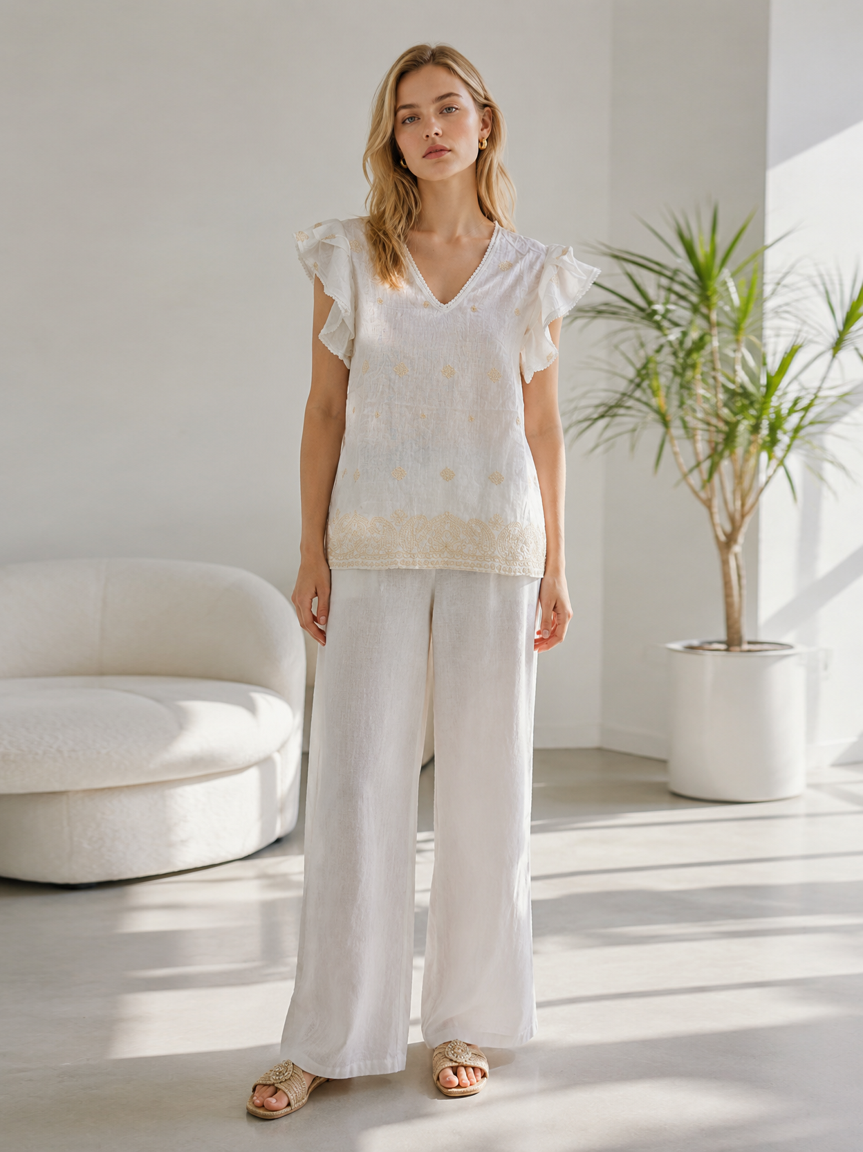 Linen-Blend Embroidered Blouse with Ruffled Sleeves AN-710001