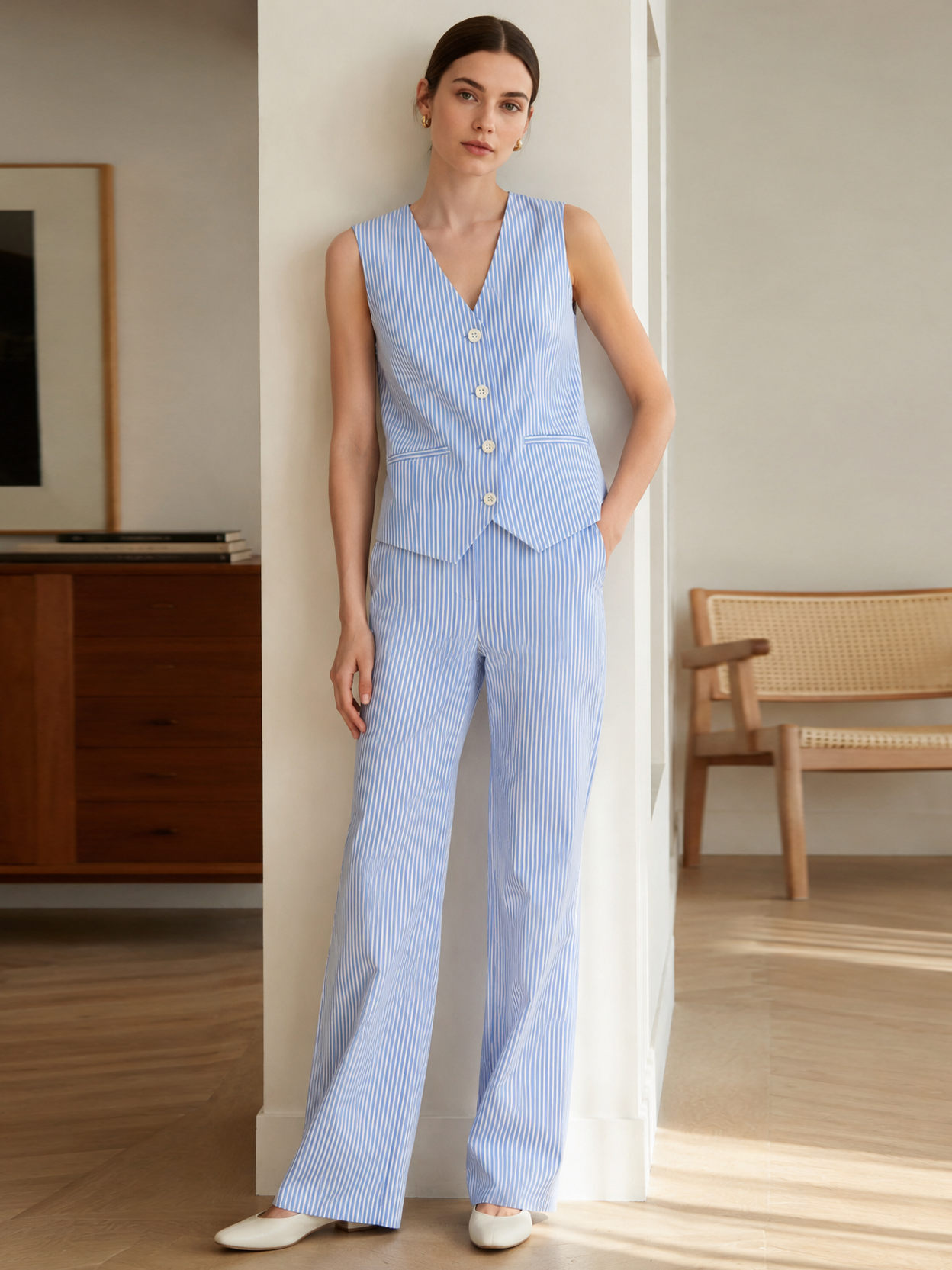 Minimalist Grid Print V-Neck Layering Vest AN-710012