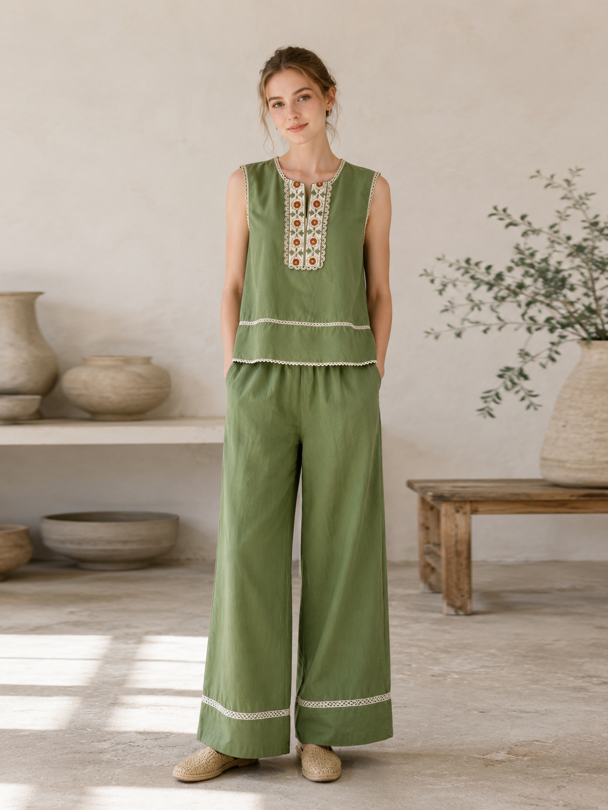 Linen-Blend Embroidered Two-Piece Set AN-750014