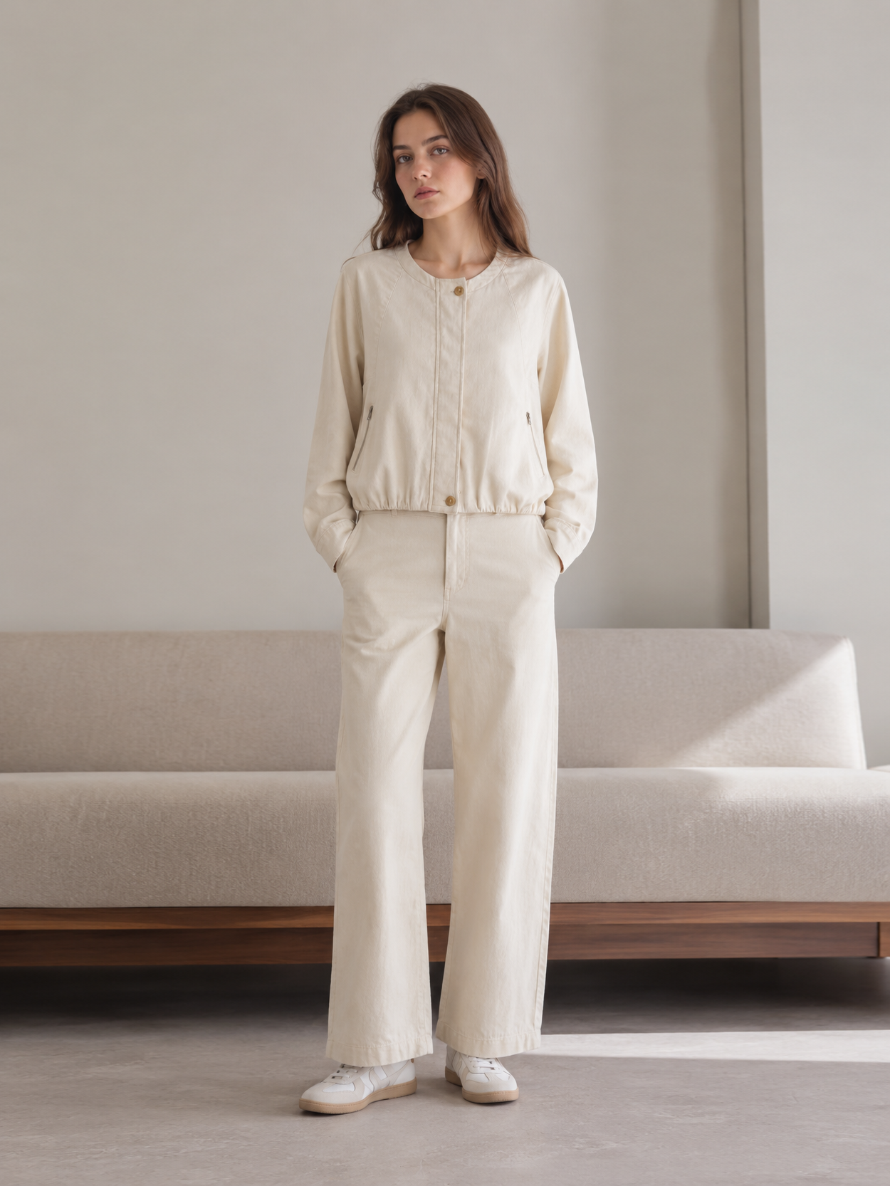 Minimalist Linen Cropped Bomber Jacket with Elastic Hem LA-710004