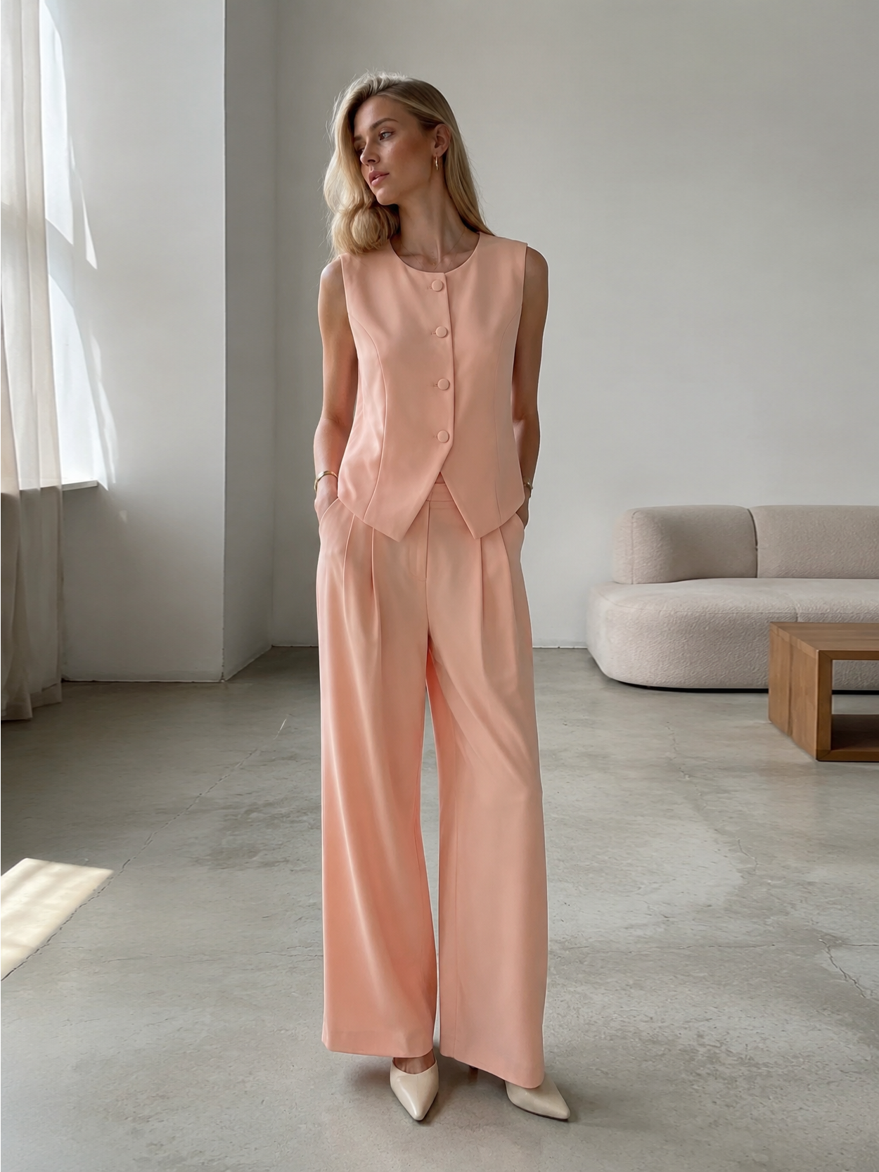 Elegant Light Vest & High-Waisted Wide-Leg Pants Set LA-710009