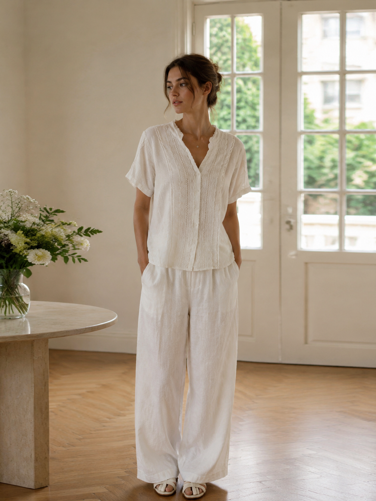 Linen-Blend Lace Trim Short-Sleeve Blouse LA-780002