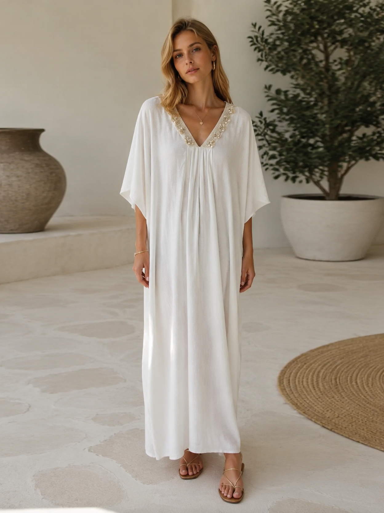Linen-Blend Kaftan Dress with Shell & Lace Neckline LA-810005