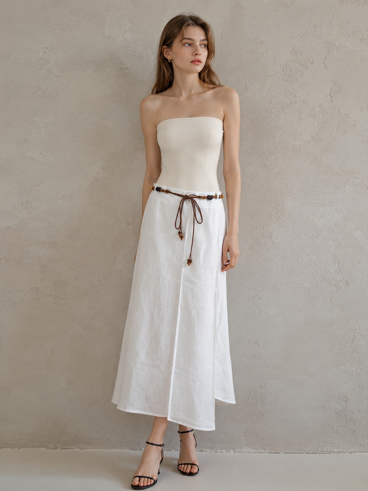 Linen-Blend A-Line Skirt with Beaded Belt AN-620050