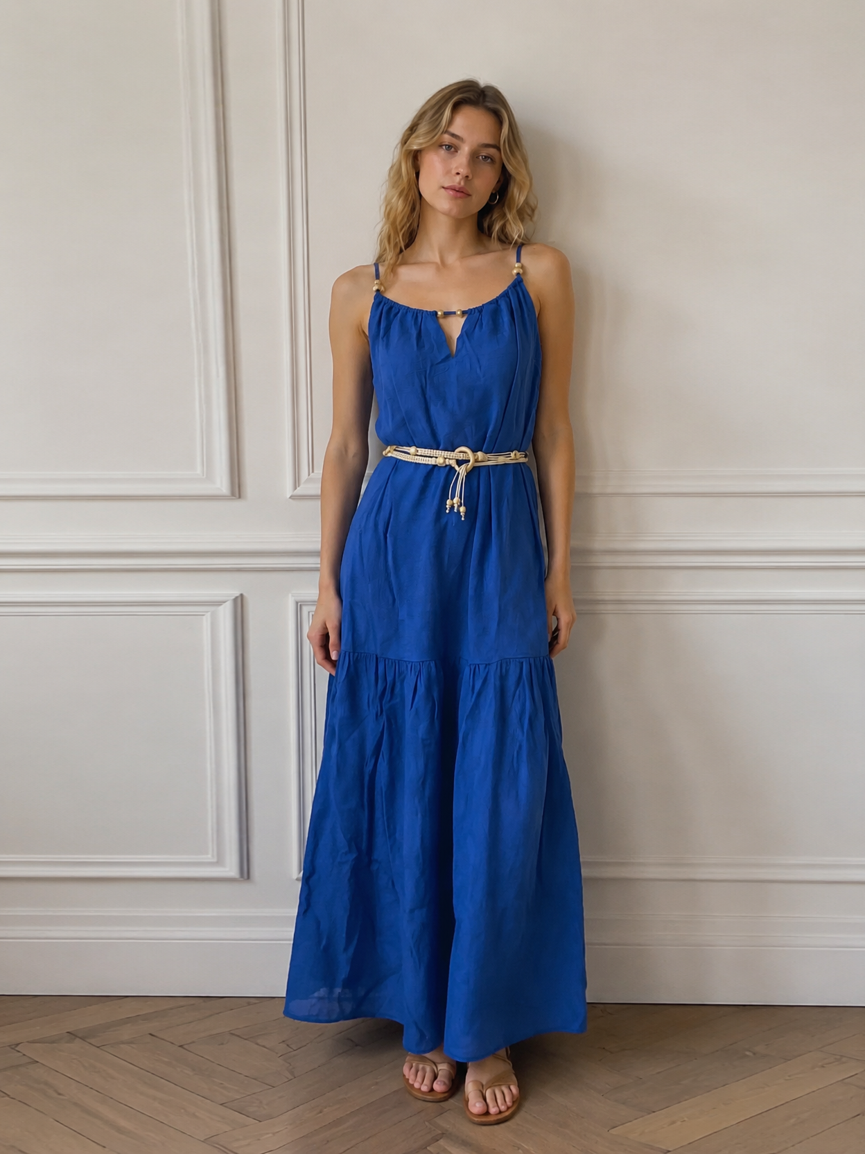 Minimalist Beaded Belted Tiered Maxi Dress - Premium Boho Chic Fashion AN-620053