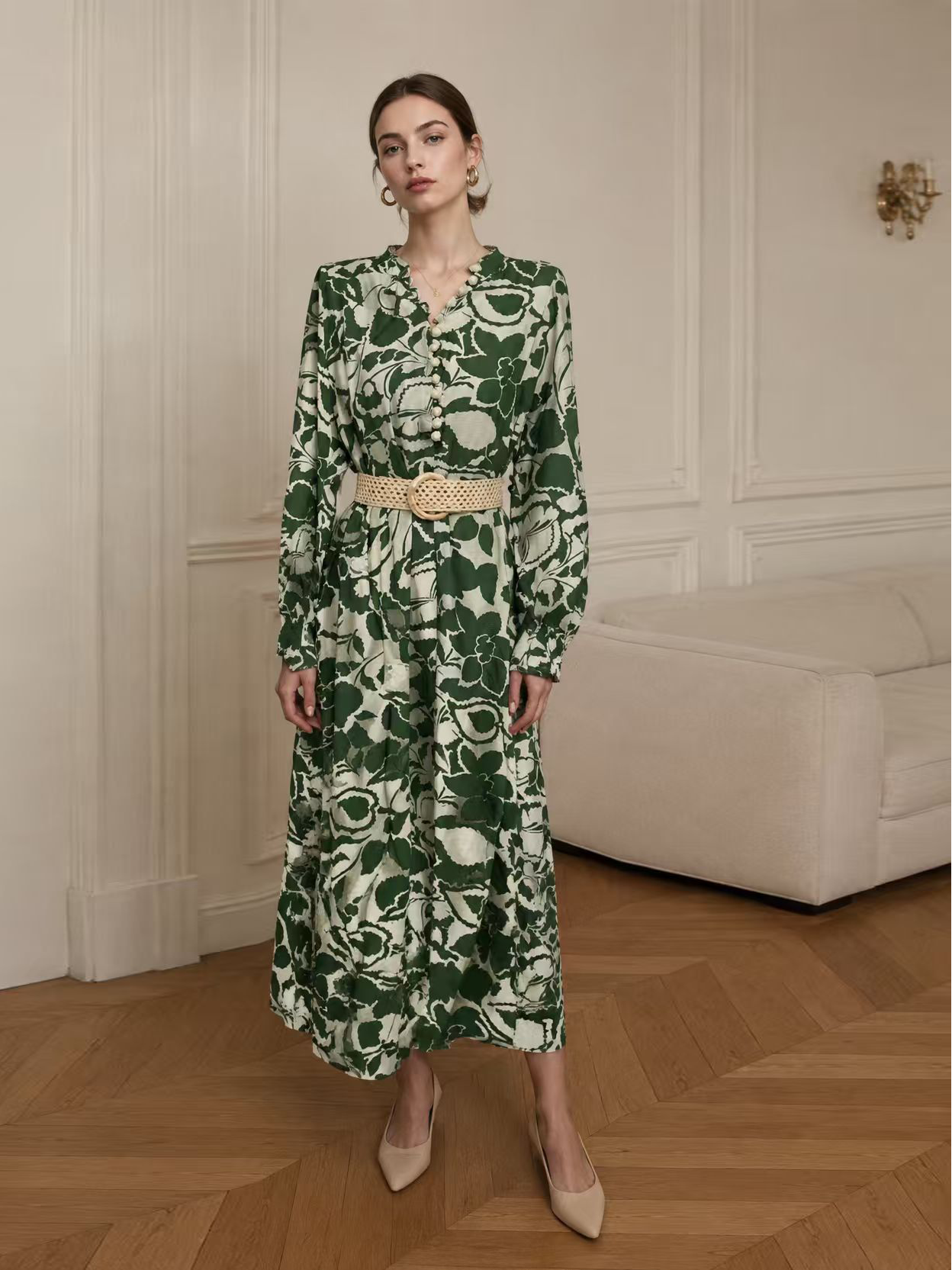Elegant  Floral Print Midi Dress - Puff Sleeve Belted Dress AN-710026